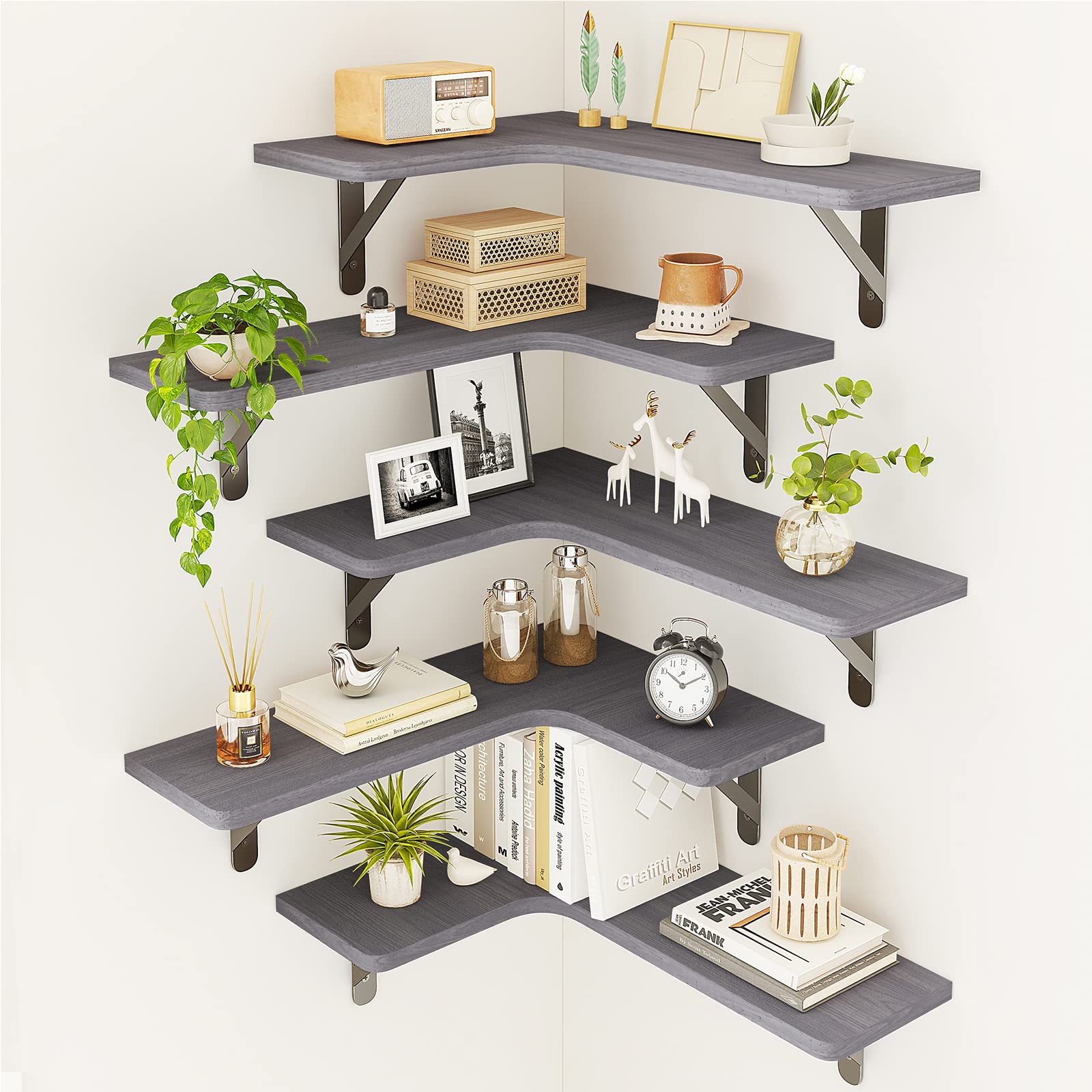 Fixwal Corner Shelves Floating Shelves for Wall Bathroom Kitchen Bedroom Home Decor Laundry Room Living Room Set of 5 (Black)