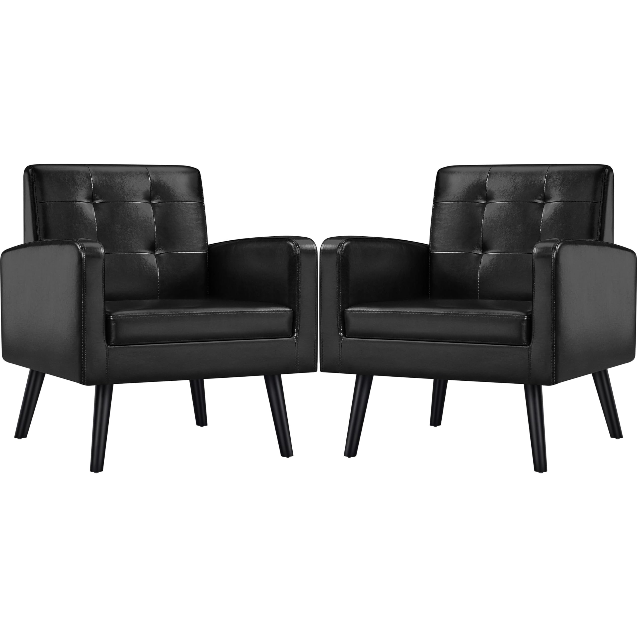 Yaheetech Mid-Century Accent Chairs, PU Leather Modern Upholstered Living Room Chair, Cozy Armchair Button Tufted Back and Wood Legs for Bedroom/Office/Cafe, Retro Brown