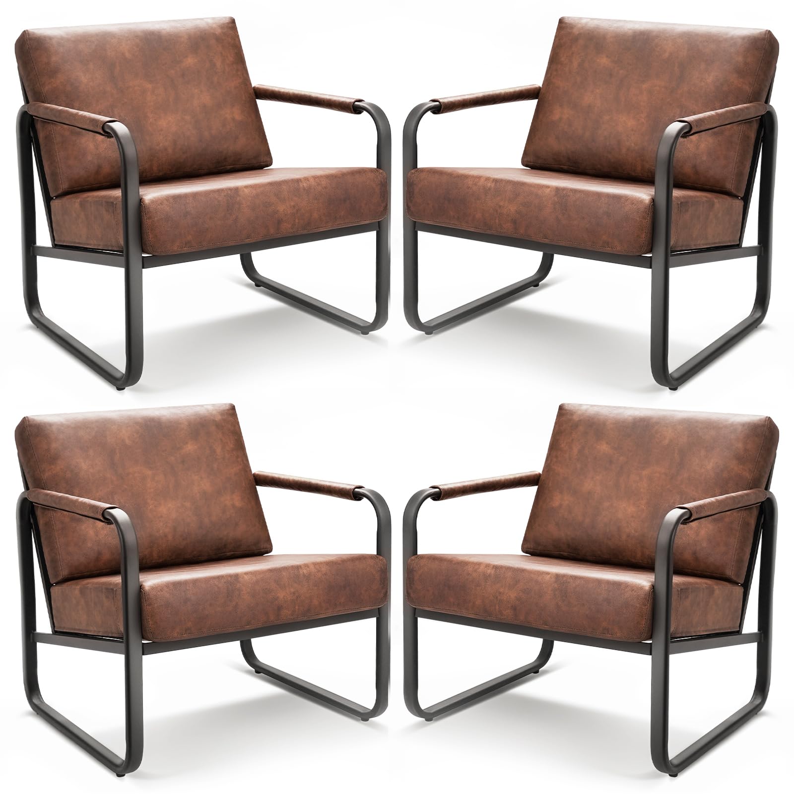 PrimeZone Mid-Century Modern Accent Chair Set of 2 - Comfy Faux Leather Living Room Chair, Lounge Armchair with Extra Soft Padded & Cushion, Ergonomic Accent Chair for Bedroom, Office, Brown