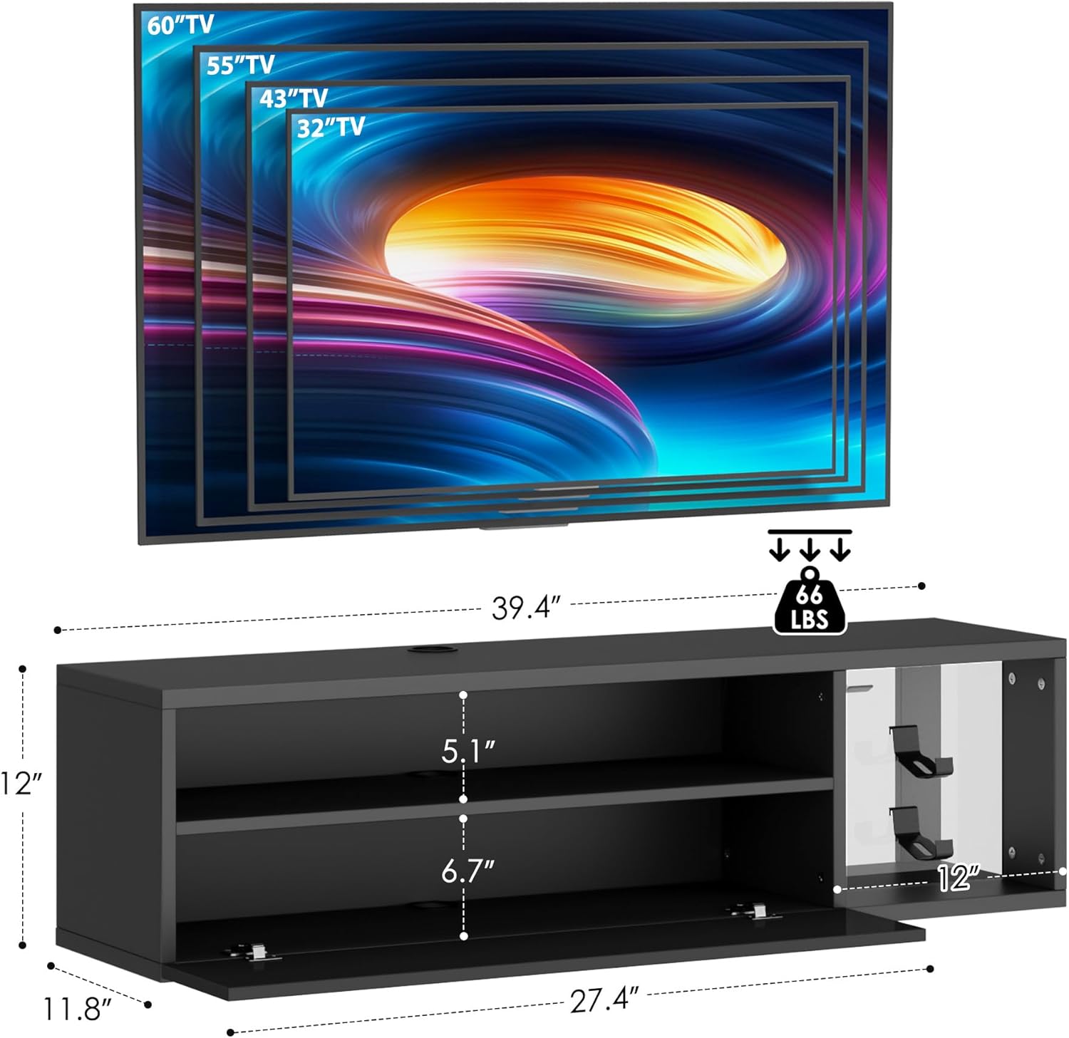 SogesPower Floating TV Stand Wall Mounted with Lights,LED TV Stand Floating Entertainment Center with Storage for Bedroom Living Room,Modern Floating Shelf for Under TV,Black 40inch
