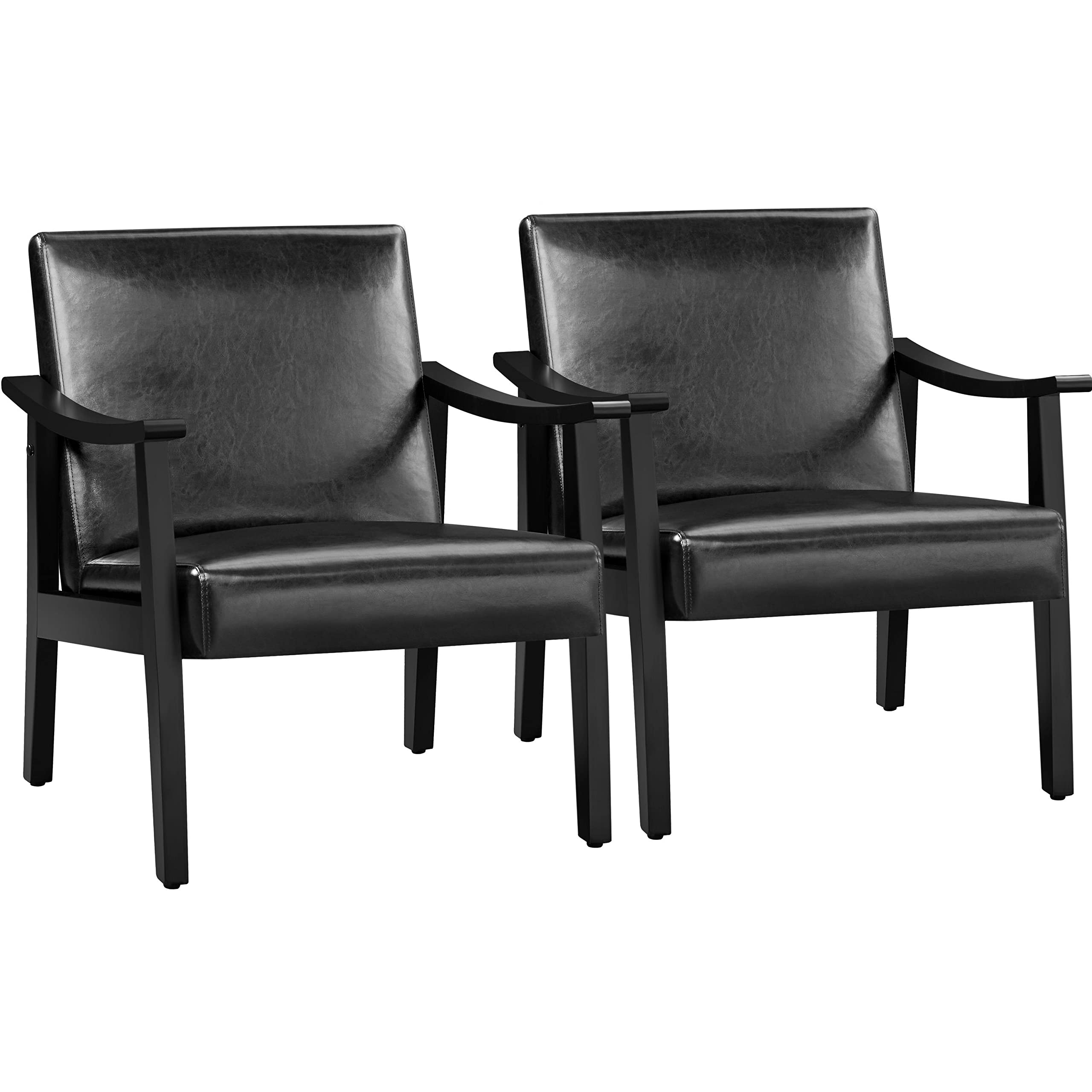 Yaheetech PU Leather Accent Chair, Mid-Century Modern Armchair with Solid Wood Legs, Reading Leisure Chair for Living Room Bedroom Waiting Room, Light Brown, Set of 2