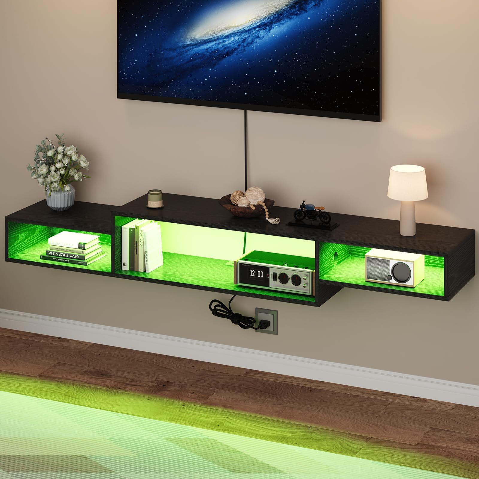 4 EVER WINNER Floating TV Stand with Power Outlet, 59'' Floating TV Shelf with LED Lights and Storage, Floating Entertainment Center Media Console Cabinet for Gaming Box Audio Video, Black