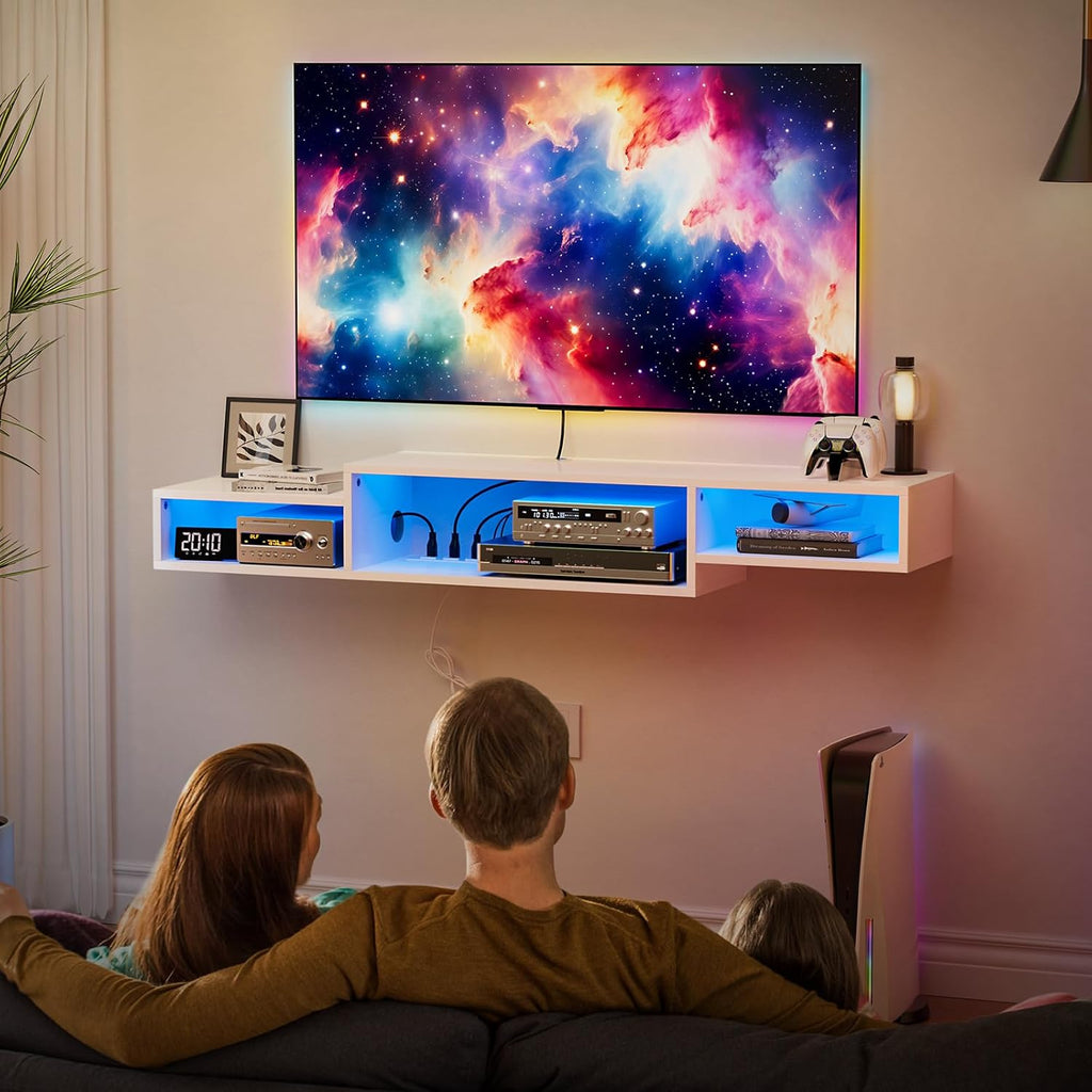 FABATO 59'' Floating TV Stand with LED Light Power Outlet, Floating Shelf for Under TV Wall Mount with Storage Shelf, Media Console Entertainment Center for Living Room, White