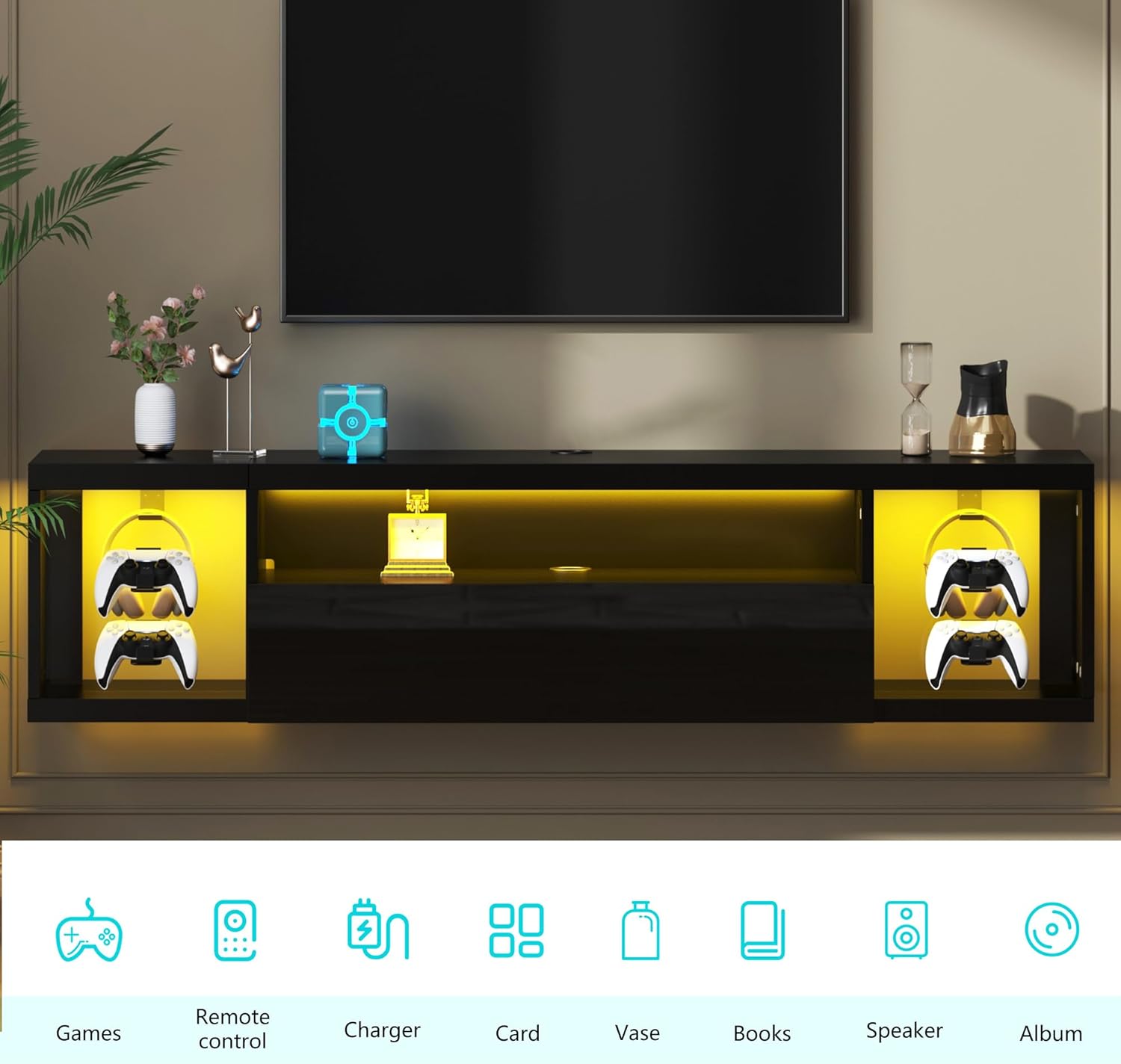 DlandHome Floating TV Stand with LED Lights, Wall Mounted TV Shelf with Led Lights, 55.1" Modern Entertainment Center Media Console with Storage, Black