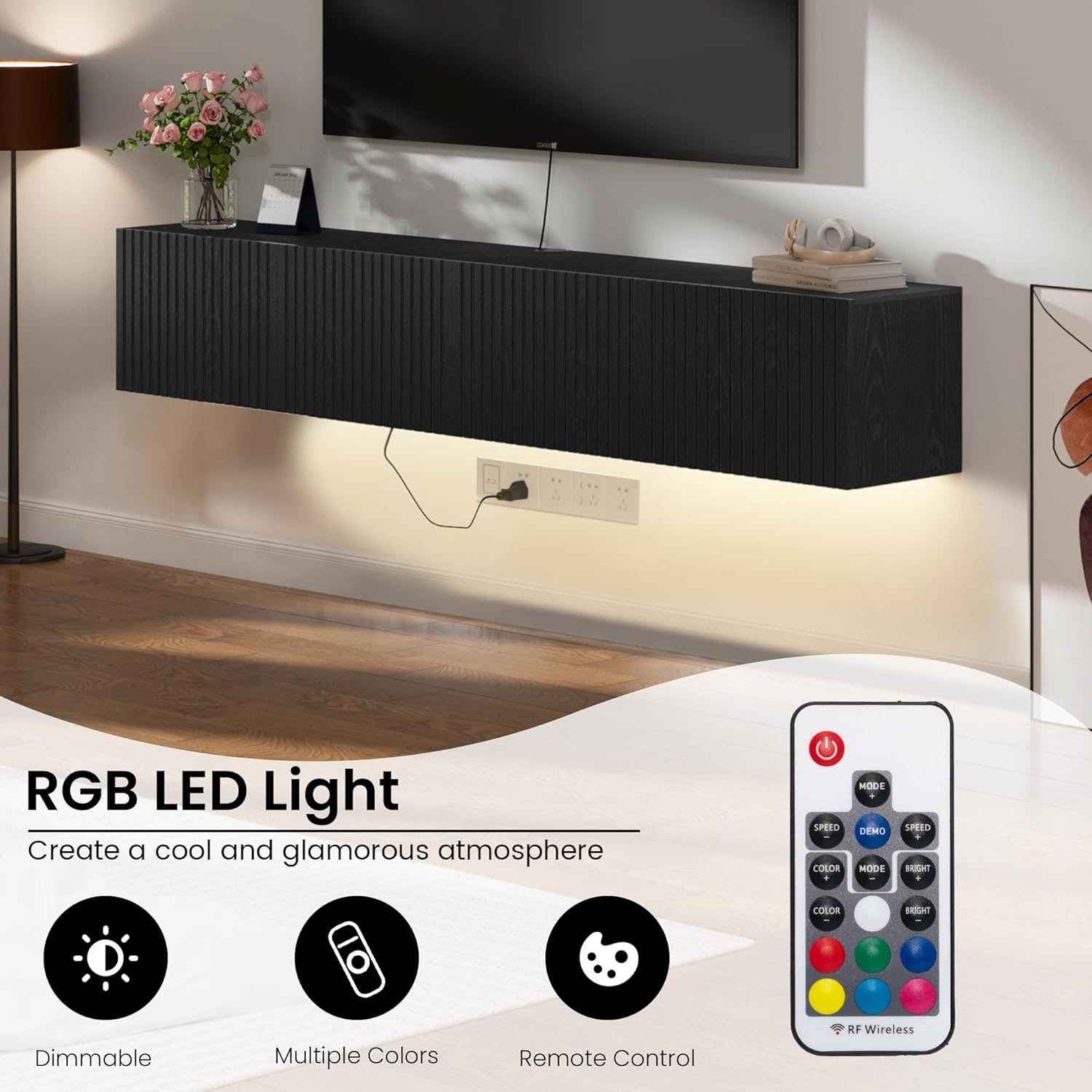 DHMAKER Floating TV Stand Wall Mounted, 71" Floating TV Shelf Cabinet with LED Lights & Power Outlet, Black Midia Console Entertainment Center with Fluted Storage for Under TV Living Room Bedroom