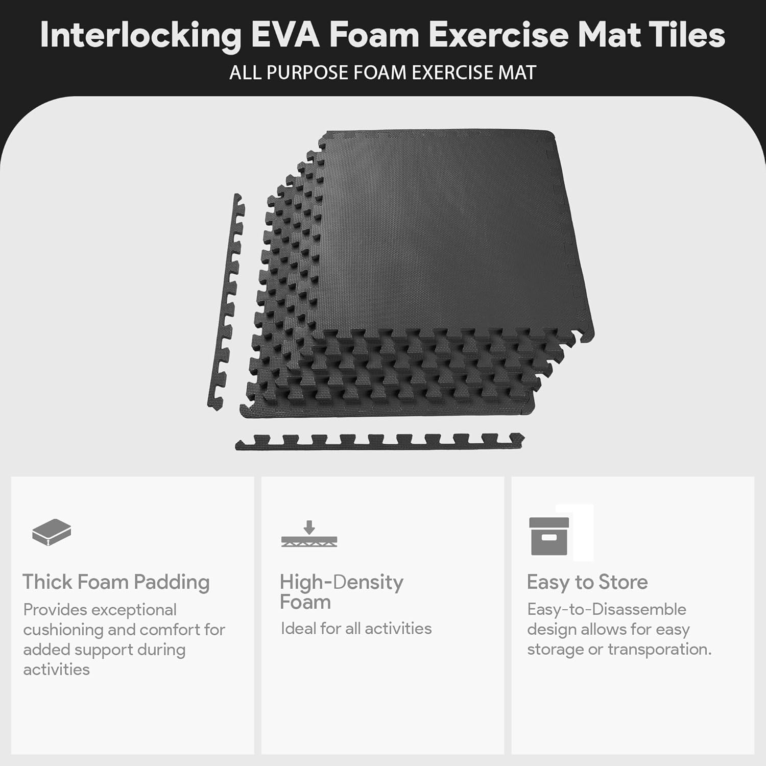 BalanceFrom Puzzle Exercise Mat 1/2' Thick, EVA Interlocking Foam Floor Tiles for Home Gym, Mat for Home Workout Equipment, Floor Padding for Kids, Black, 24 in x 24 in x 1/2 in, 24 Sq Ft - 6 Tiles