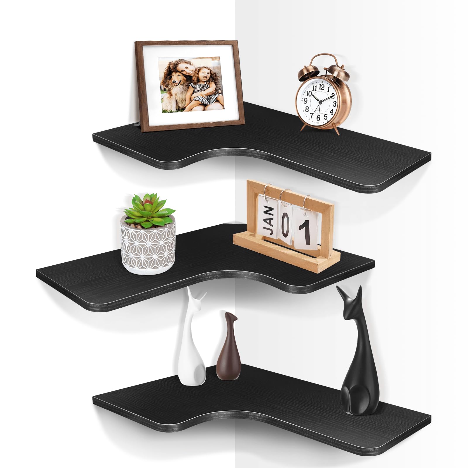 Homode Corner Floating Shelves, Set of 3 Corner Wall Shelves with Wire Hole, L-Shaped Wood Hanging Storage Shelf for Wall Decor, for Bathroom Kitchen Bedroom, White