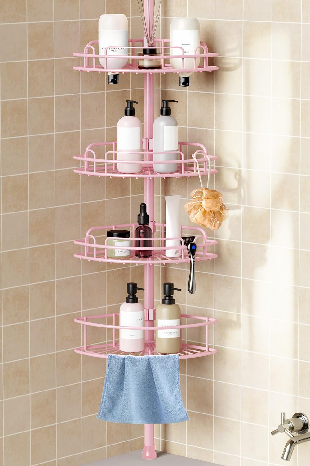 HAMITOR Corner Shower Caddy Tension Pole: 4-Tier Rust-Resistant Adjustable Bathroom Organizer Shelves - 47-121 Inch No-Drill Quick Installation - Space-Saving Storage for Renters Family - Silver Gray