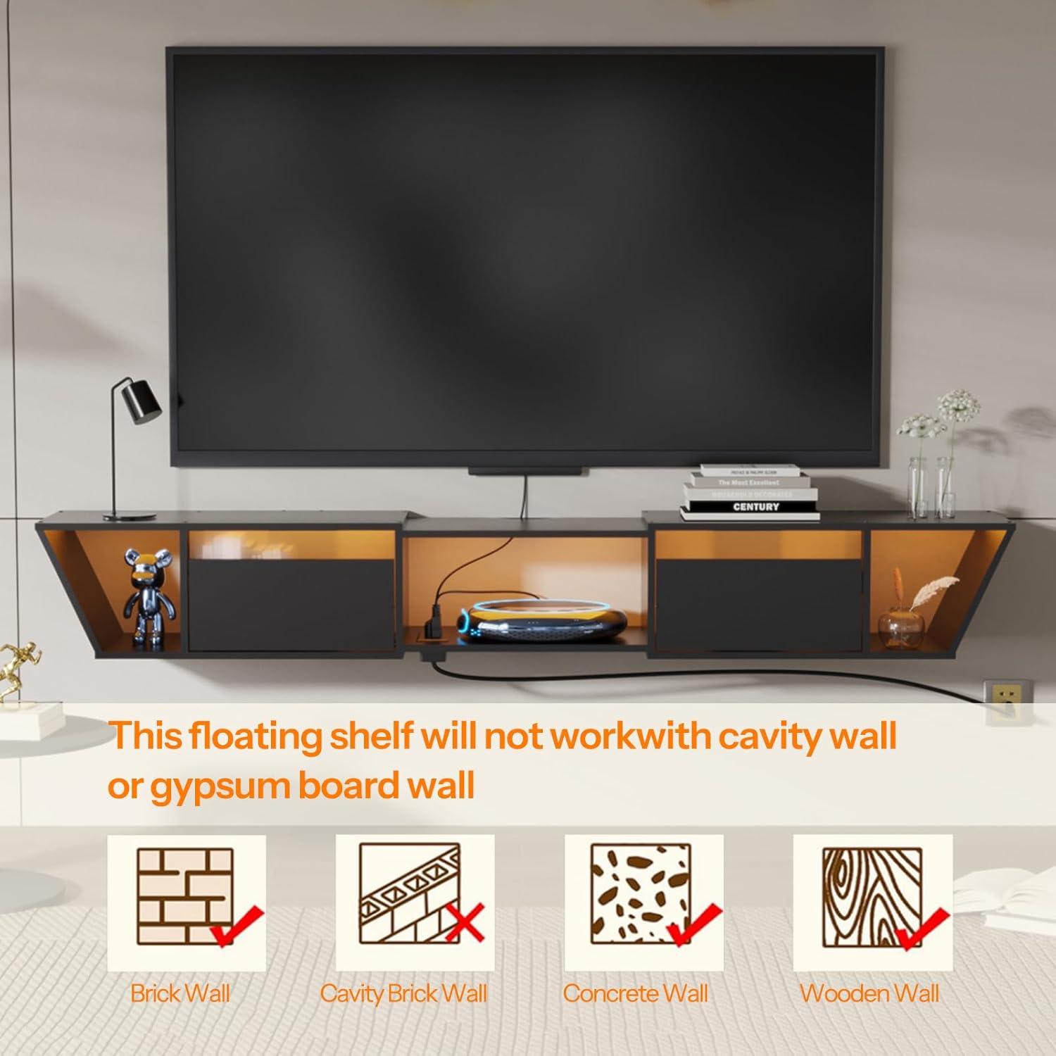 HOOBRO Floating TV Stand with Power Outlet, 63" Floating Entertainment Center with LED Light, Modern Wood Wall Mounted Media Console Shelf, Under TV Shelf, for Living Room, Bedroom, Black BB78UDDS01