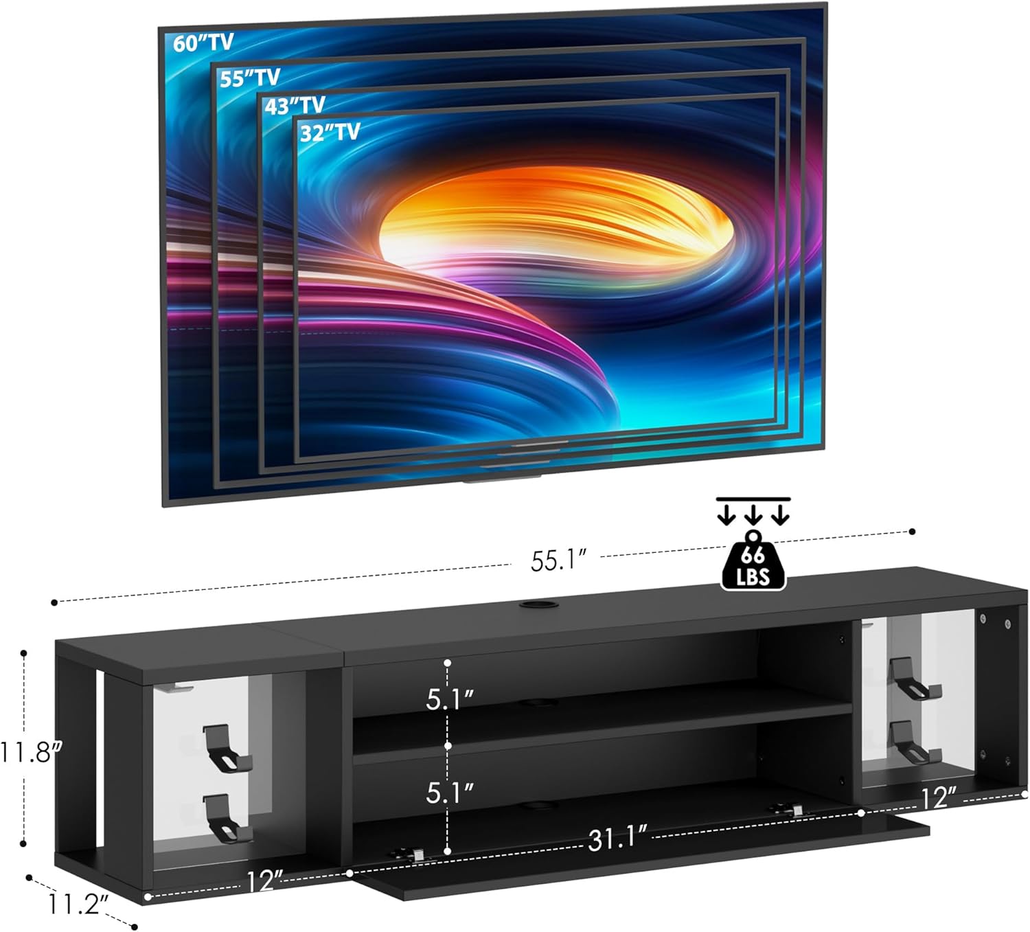 SogesHome 55'' Floating TV Stand with LED Lights, Wall Mounted Entertainment Center with 3 Storage Shelves, Modern Media Console Cabinet for Living Room and Bedroom, Black
