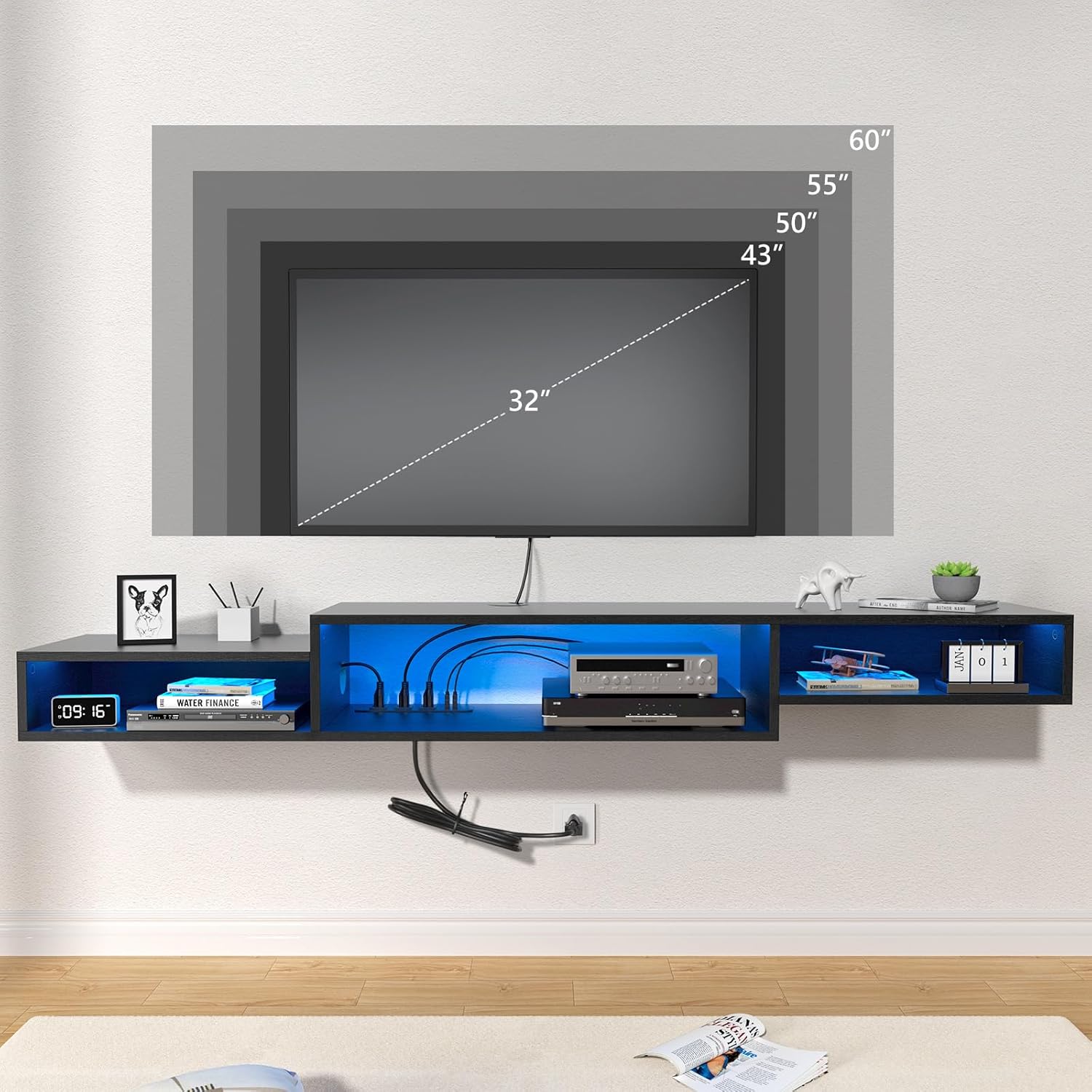 FABATO 71'' Floating TV Stand with LED Light Power Outlet, Floating Shelf for Under TV Wall Mount with Storage Shelf, Media Console Entertainment Center for Living Room, Black