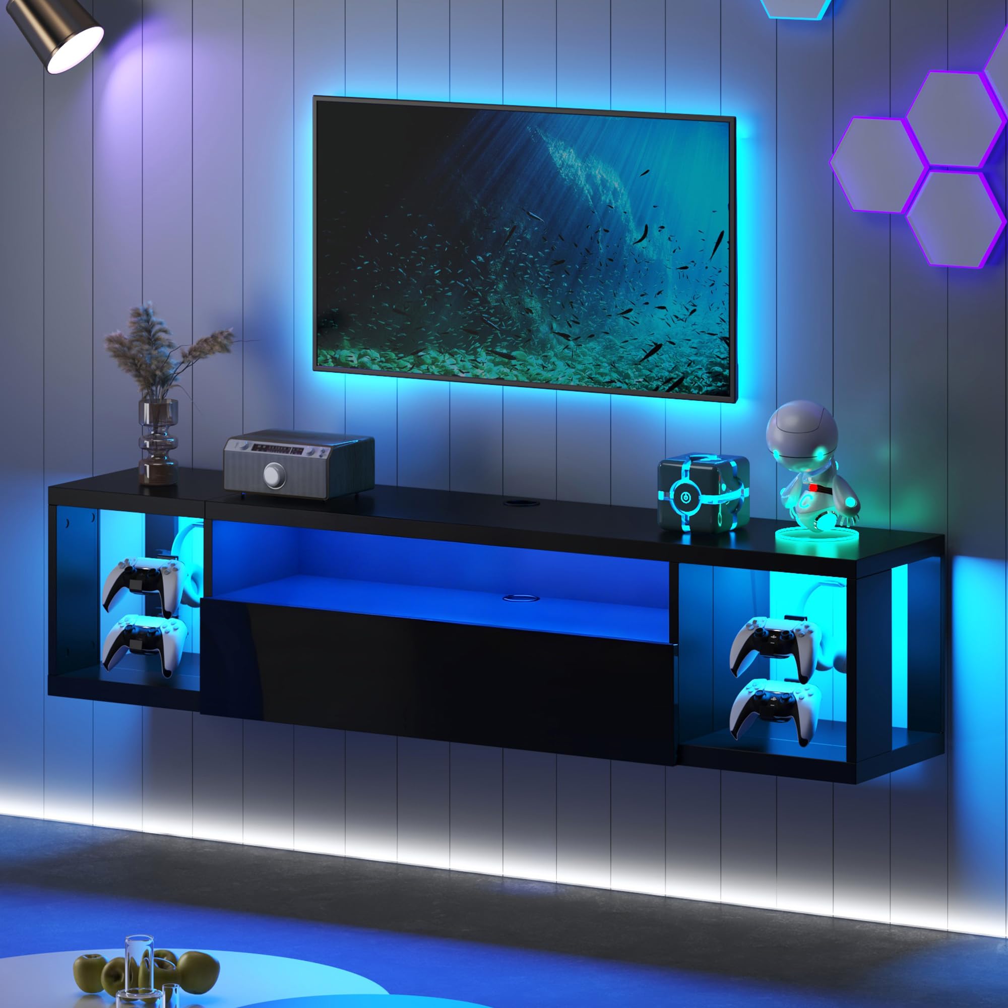 DlandHome Floating TV Stand with LED Lights, Wall Mounted TV Shelf with Led Lights, 55.1" Modern Entertainment Center Media Console with Storage, Black