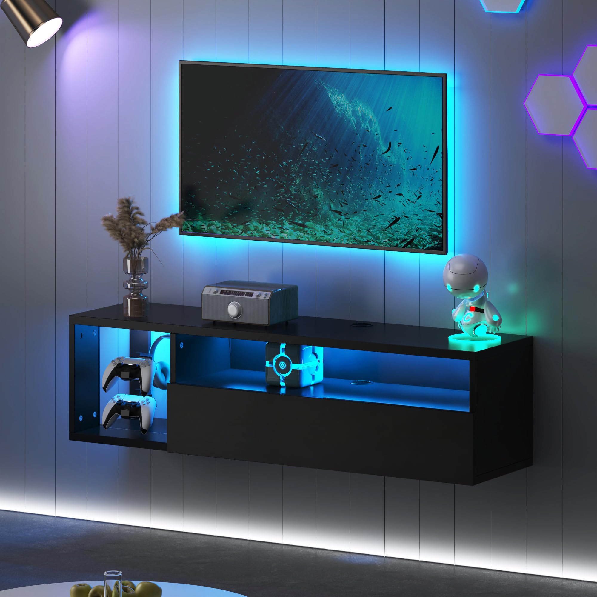 DlandHome Floating TV Stand with LED Lights, Wall Mounted TV Shelf with Led Lights, 55.1" Modern Entertainment Center Media Console with Storage, Black