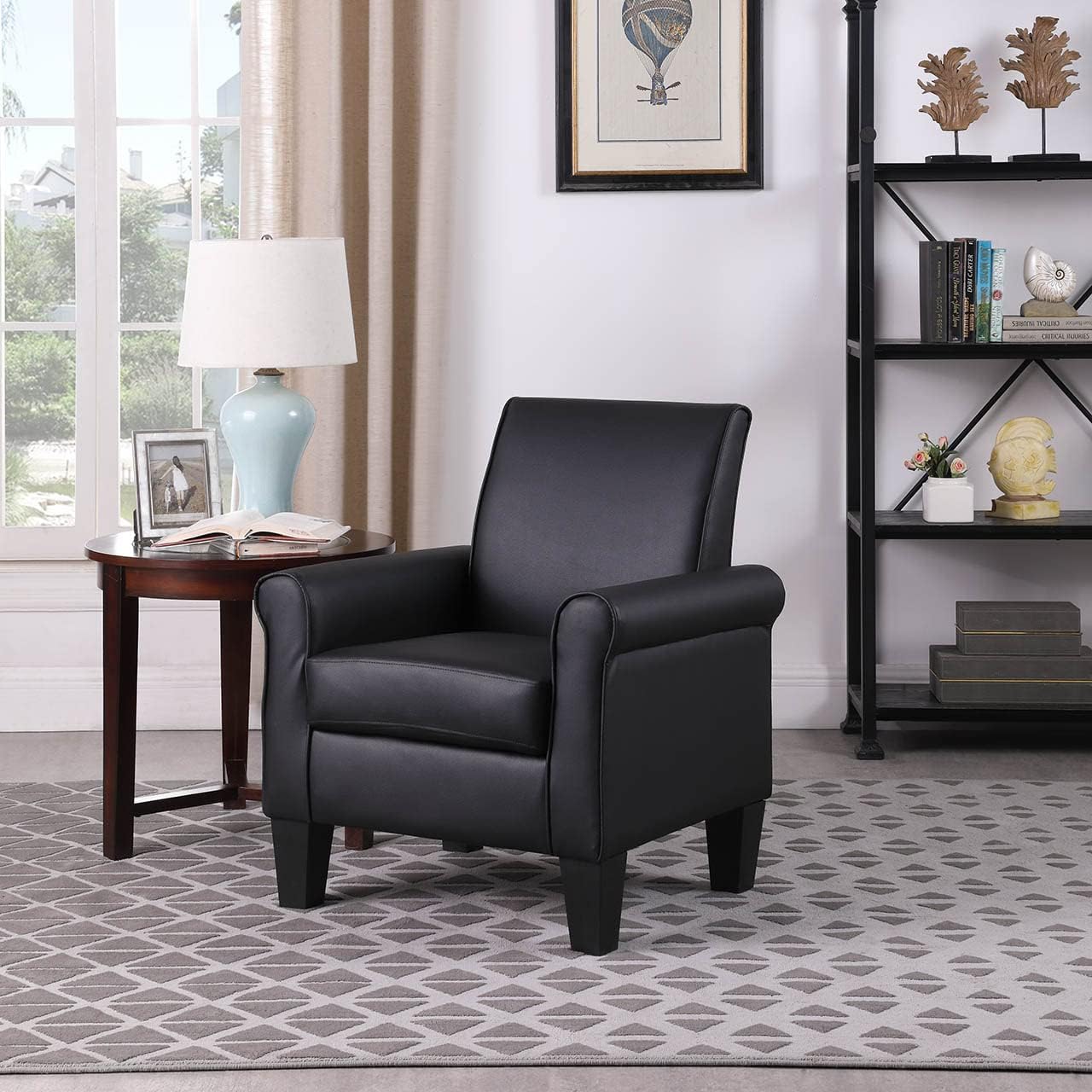 Lohoms Faux Leather Accent Chair Set of 2, Mid Century Modern Living Room Chair, Upholstered Comfortable PU Leather Armchair for Bedroom, Office or Waiting Areas-Black