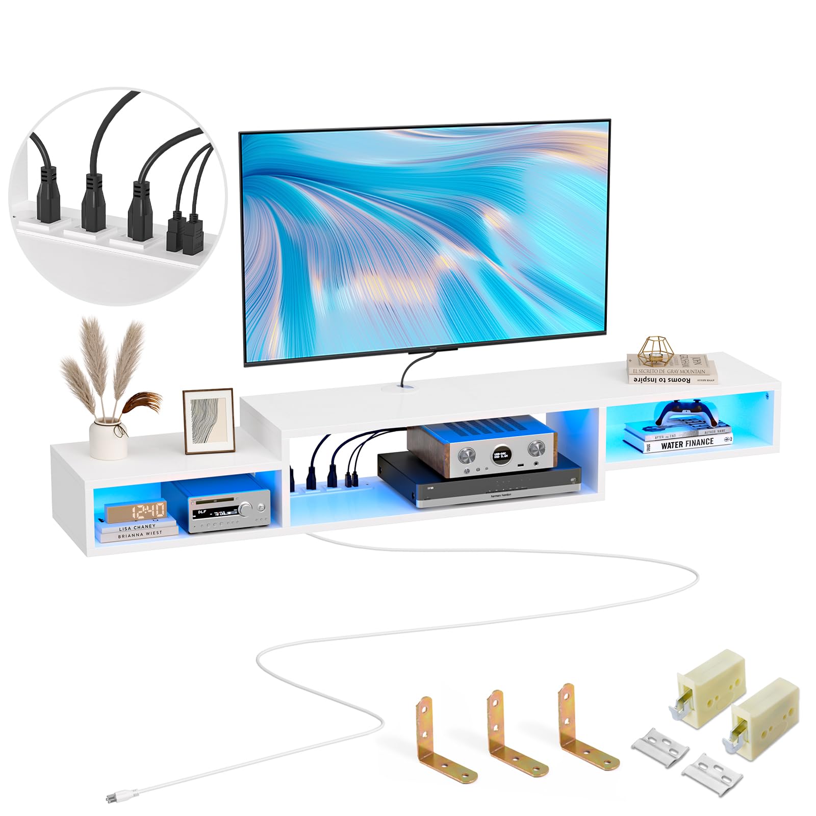 FABATO 59'' Floating TV Stand with LED Light Power Outlet, Floating Shelf for Under TV Wall Mount with Storage Shelf, Media Console Entertainment Center for Living Room, Black