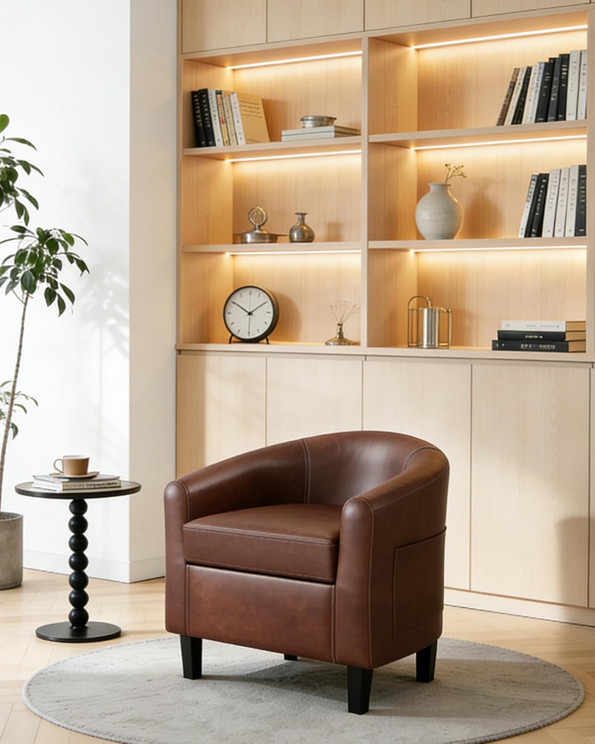 GarveeHome Accent Chair Faux Leather Barrel Chairs Club Armchair with Soft Seat for Living Room Bedroom Reading Waiting Room - Brown