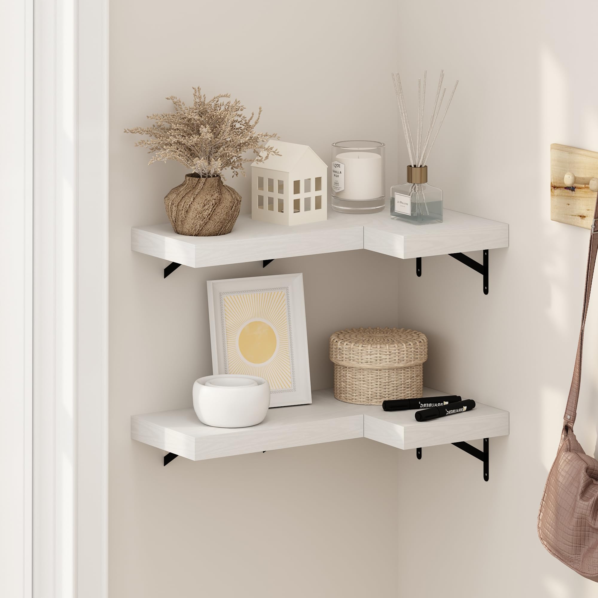 Furinno Rossi 5-Tier Floating Corner Shelf for Wall, Corner Zigzag Shelf Wall Mounted, Radial Wall Mount Shelves, for Home Office, Living Room, Bedroom, Bathroom, White