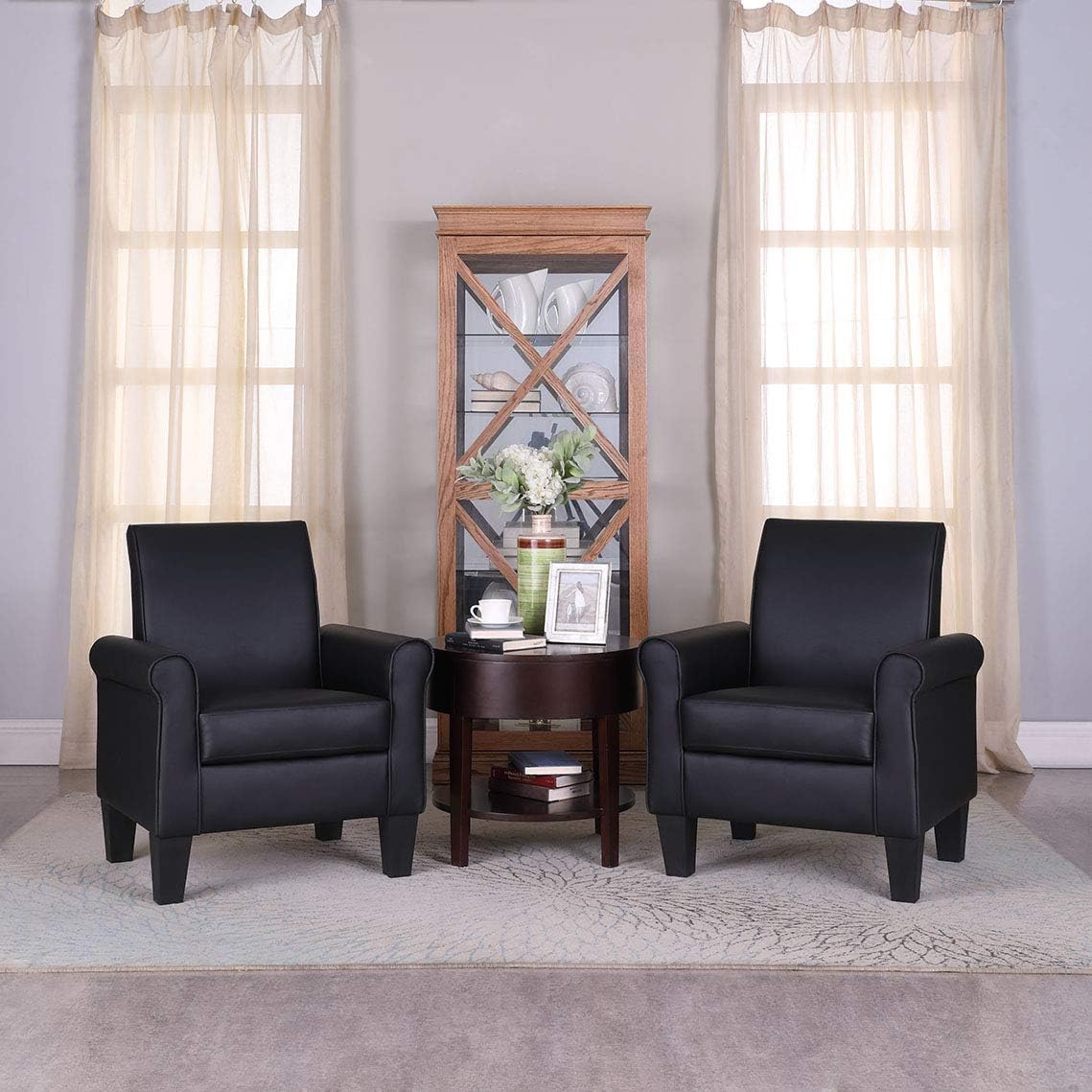 Lohoms Faux Leather Accent Chair Set of 2, Mid Century Modern Living Room Chair, Upholstered Comfortable PU Leather Armchair for Bedroom, Office or Waiting Areas-Black