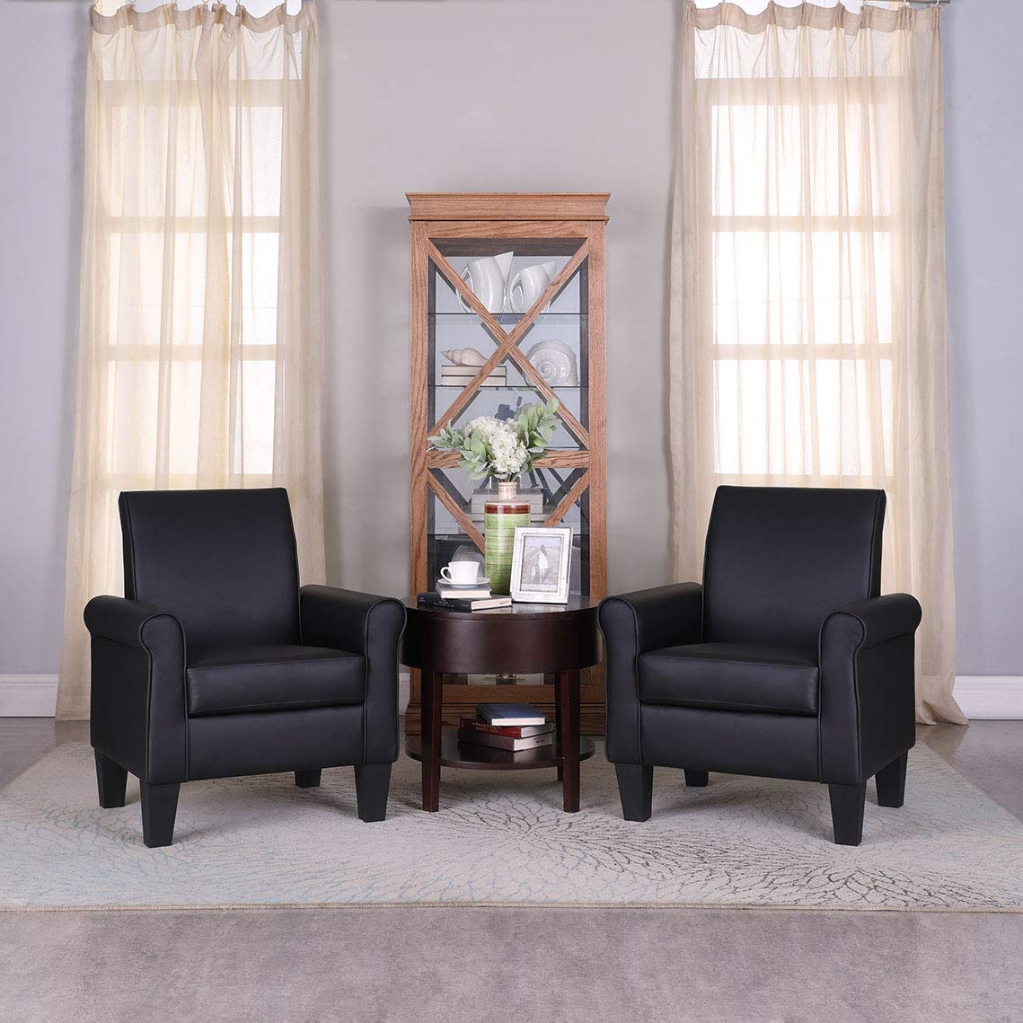 Lohoms Faux Leather Accent Chair Set of 2, Mid Century Modern Living Room Chair, Upholstered Comfortable PU Leather Armchair for Bedroom, Office or Waiting Areas-Black