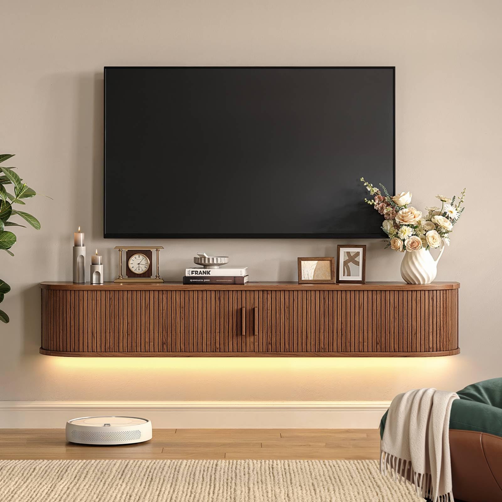 71" Floating TV Stand with Power Outlet for TVs up to 80", Fluted Entertainment Center with Remote Control for LED Lights, Mid-Century Modern TV Console w/Sliding Door for Living Room, Bedroom Walnut
