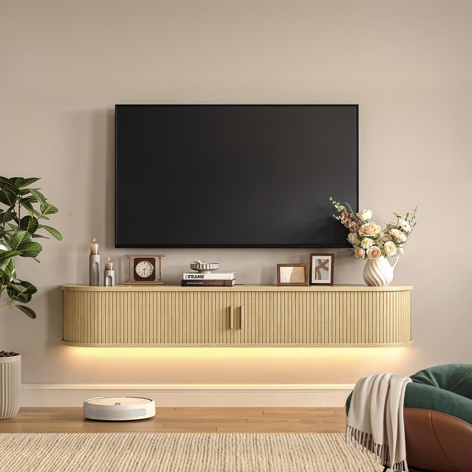 71" Floating TV Stand with Power Outlet for TVs up to 80", Fluted Entertainment Center with Remote Control for LED Lights, Mid-Century Modern TV Console w/Sliding Door for Living Room, Bedroom Walnut