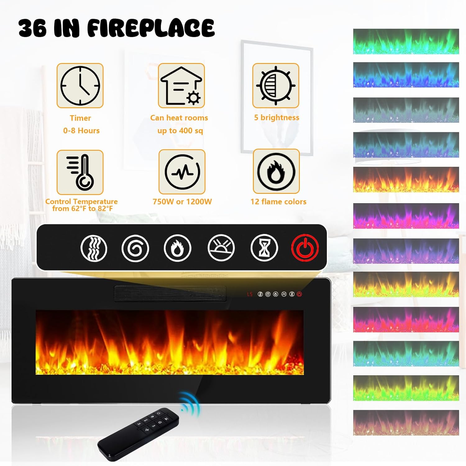 LEMBERI 70" Floating TV Stand with 36" Electric Fireplace, Wall Mounted Fireplace LED Light Entertainment Center with Storage, Fire Place TV Console with Highlight Cabinet for Living Room (Black)