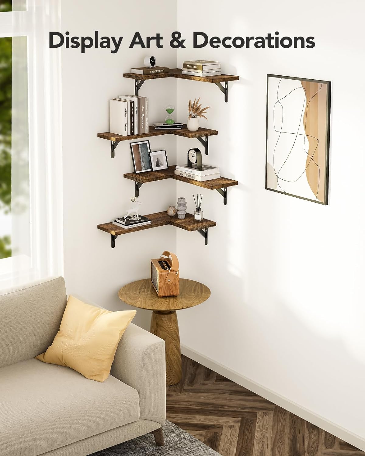 Amada HOMEFURNISHING Corner Floating Shelves, Set of 4 Corner Wall Shelves, Shelves for Wall Decor, Corner Wood Shelves for Home Decor, Office, Bedroom, Bathroom, Laundry Room, Kitchen, Brown