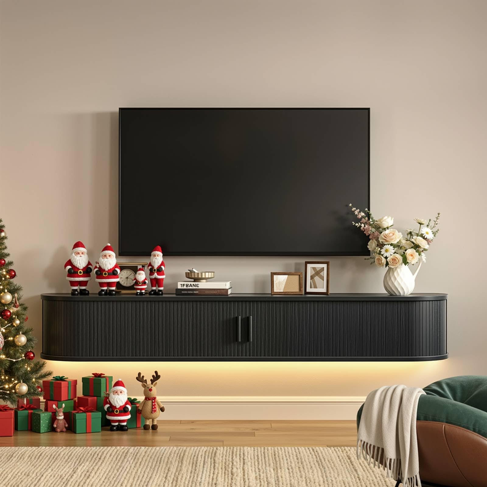 71" Floating TV Stand with Power Outlet for TVs up to 80", Fluted Entertainment Center with Remote Control for LED Lights, Mid-Century Modern TV Console w/Sliding Door for Living Room, Bedroom Walnut