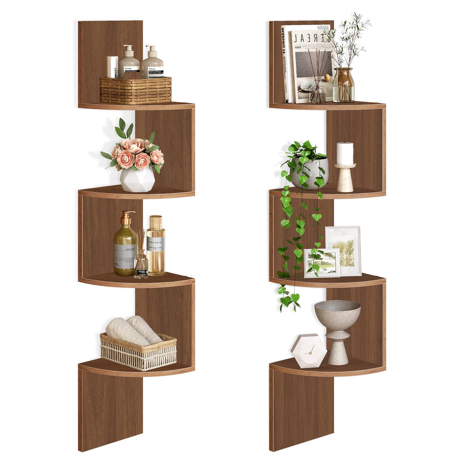 HOOBRO Corner Shelf Wall-Mounted, Set of 2 Floating Corner Shelves for Wall, 4-Tier Corner Bookshelves for Living Room, Bedroom, Bathroom, Home Office, Rustic Brown BF25BJP201