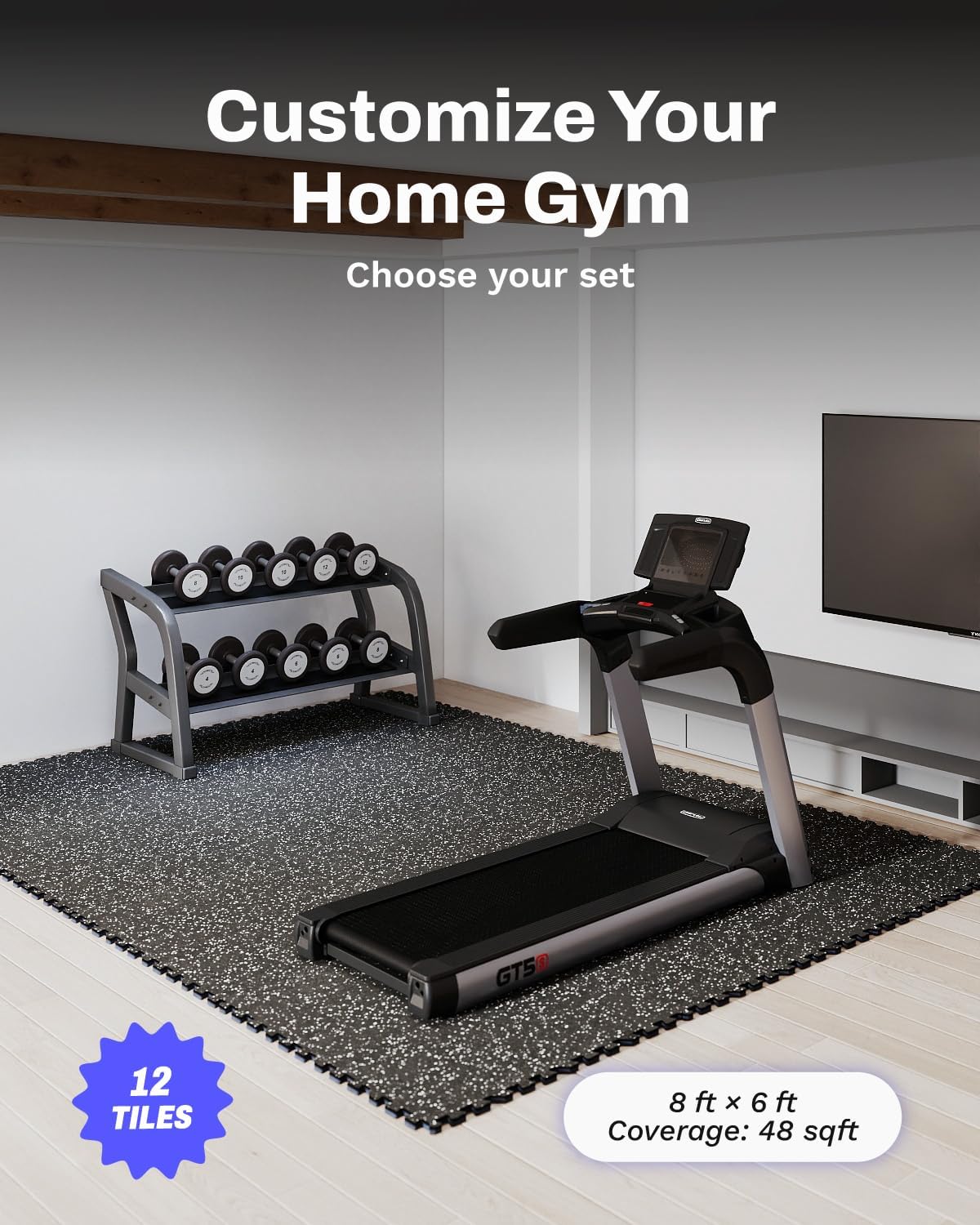 AIRHOP 0.56in Thick 48 Sq Ft Exercise Equipment Mats, 12 Tiles Upgraded Rubber Top with High Density EVA Foam, Large Interlocking Puzzle Gym Flooring for Home Gym, Heavy Weight Workout, 24 x 24in