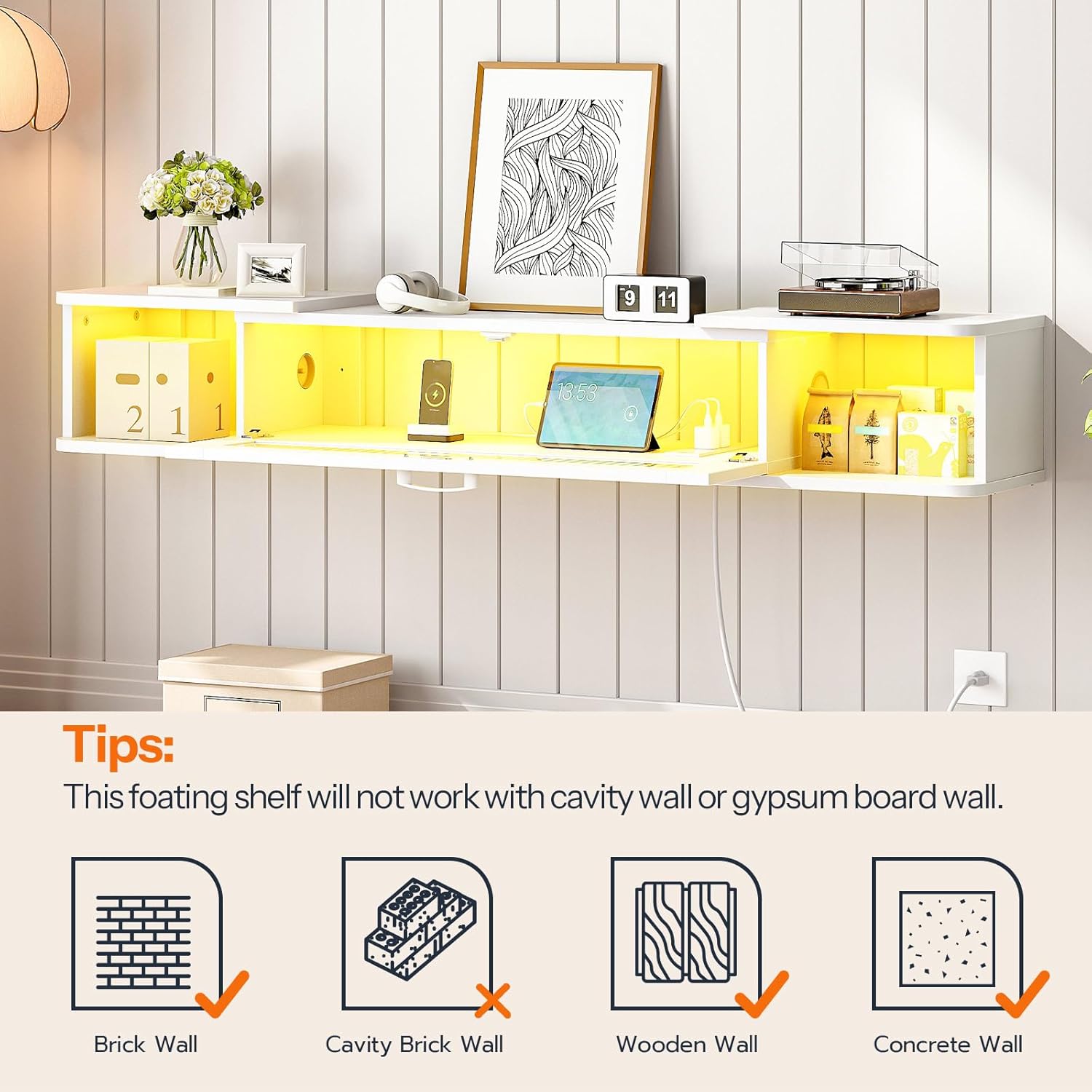 HOOBRO Floating TV Stand with LED Light Power Outlet for up to 65”, Wall Mounted TV Shelf, Modern Media Console Entertainment Center, for Living Room Bedroom, White WT34UDDS01G1