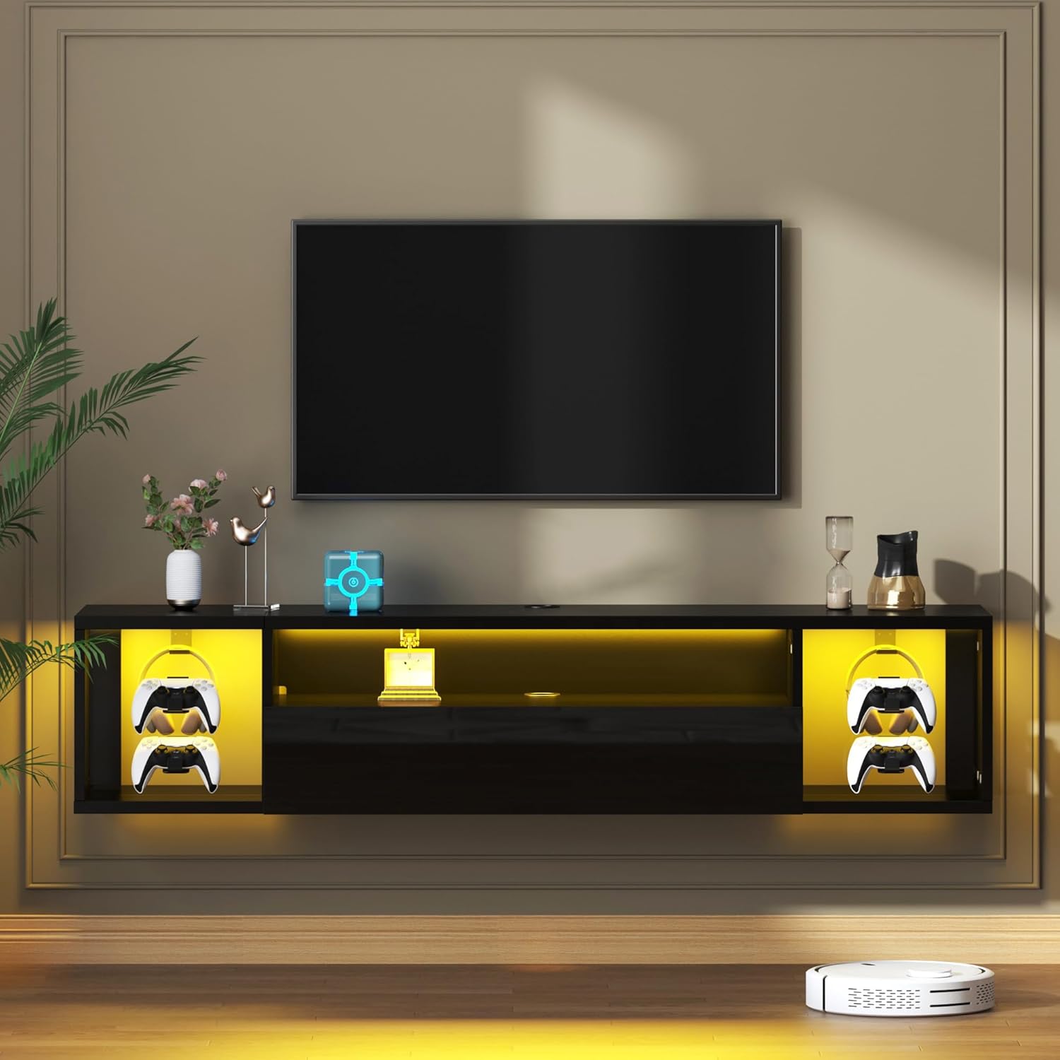 DlandHome Floating TV Stand with LED Lights, Wall Mounted TV Shelf with Led Lights, 55.1" Modern Entertainment Center Media Console with Storage, Black
