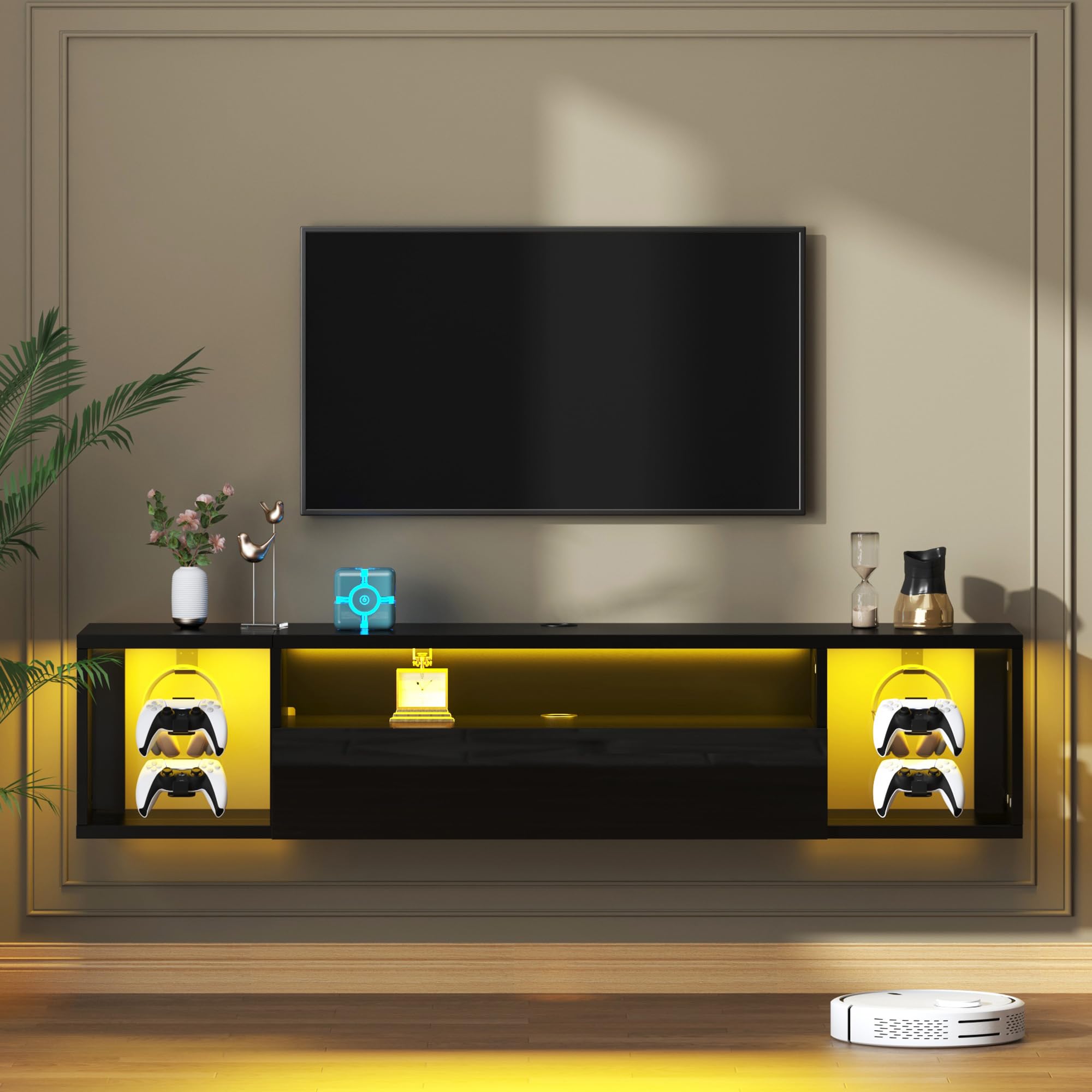 SogesHome 55'' Floating TV Stand with LED Lights, Wall Mounted Entertainment Center with 3 Storage Shelves, Modern Media Console Cabinet for Living Room and Bedroom, Black