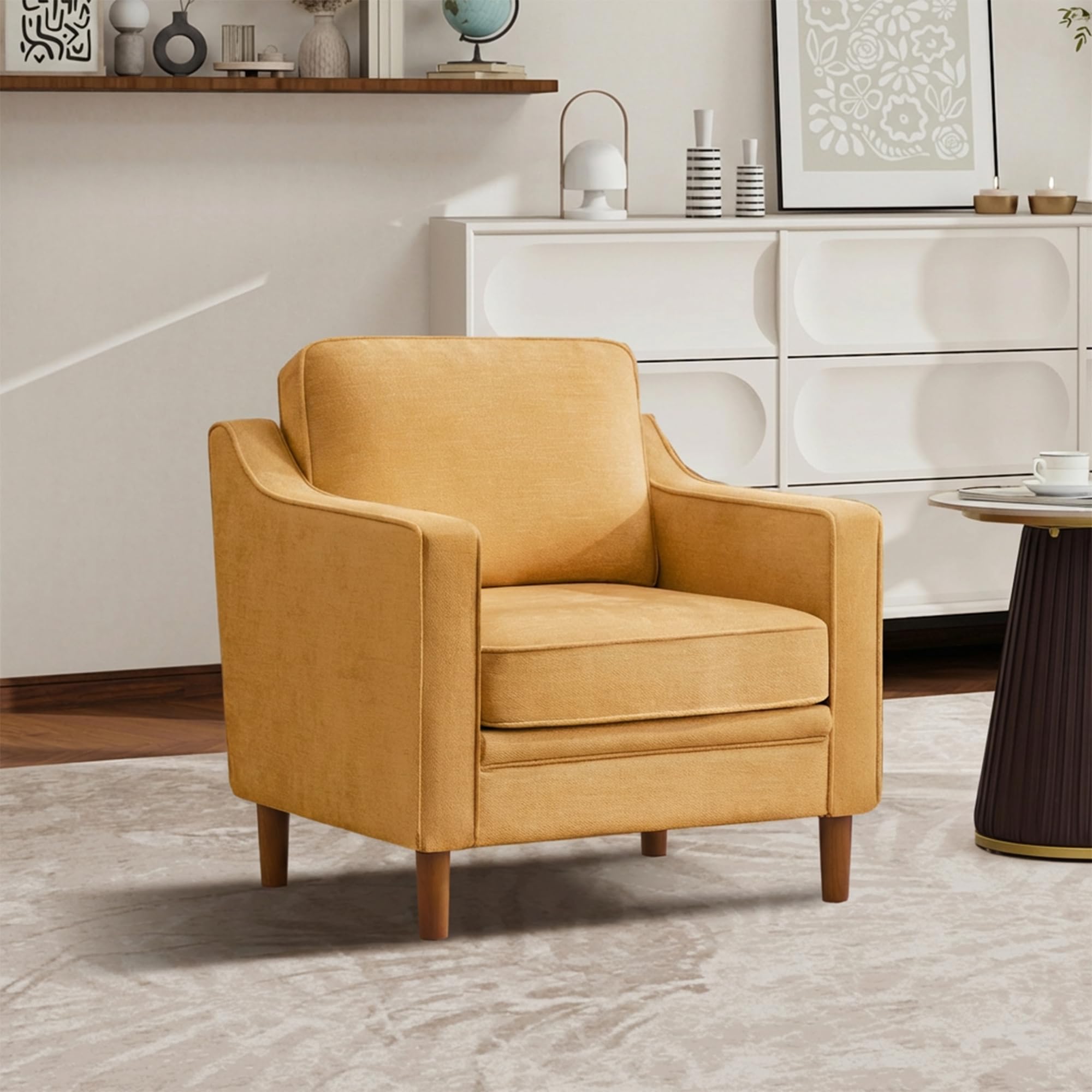 Kingfun Accent Chair Set of 2, Living Room Chairs, Faux Leather Reading Armchair, Mid Century with Solid Wood Foot, Upholstered Modern Decor for Bedroom, Apartment, Brown