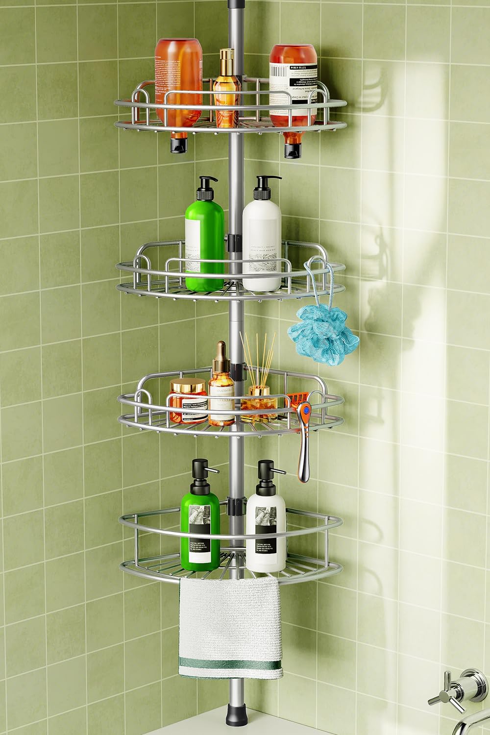 HAMITOR Corner Shower Caddy Tension Pole: 4-Tier Rust-Resistant Adjustable Bathroom Organizer Shelves - 47-121 Inch No-Drill Quick Installation - Space-Saving Storage for Renters Family - Silver Gray