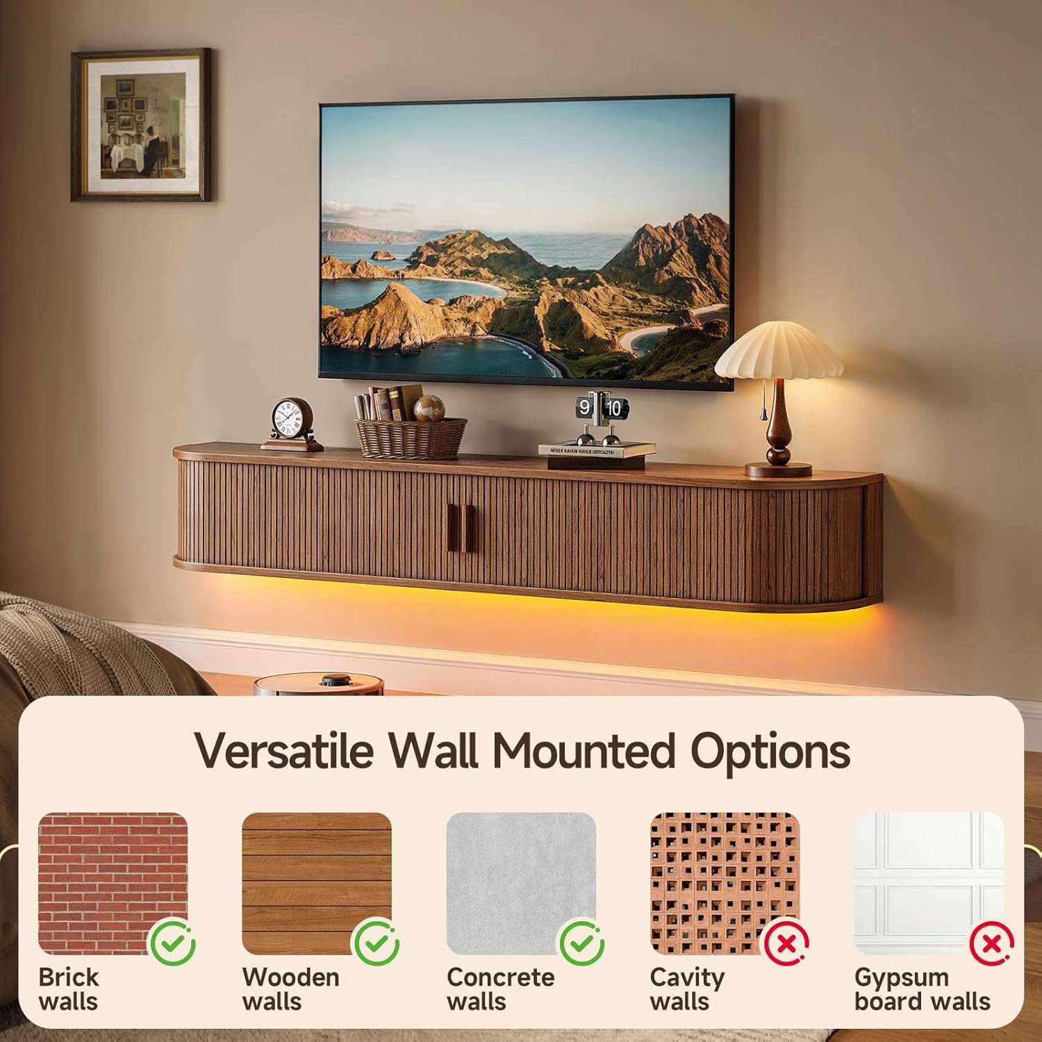 71" Floating TV Stand with Power Outlet for TVs up to 80", Fluted Entertainment Center with Remote Control for LED Lights, Mid-Century Modern TV Console w/Sliding Door for Living Room, Bedroom Walnut