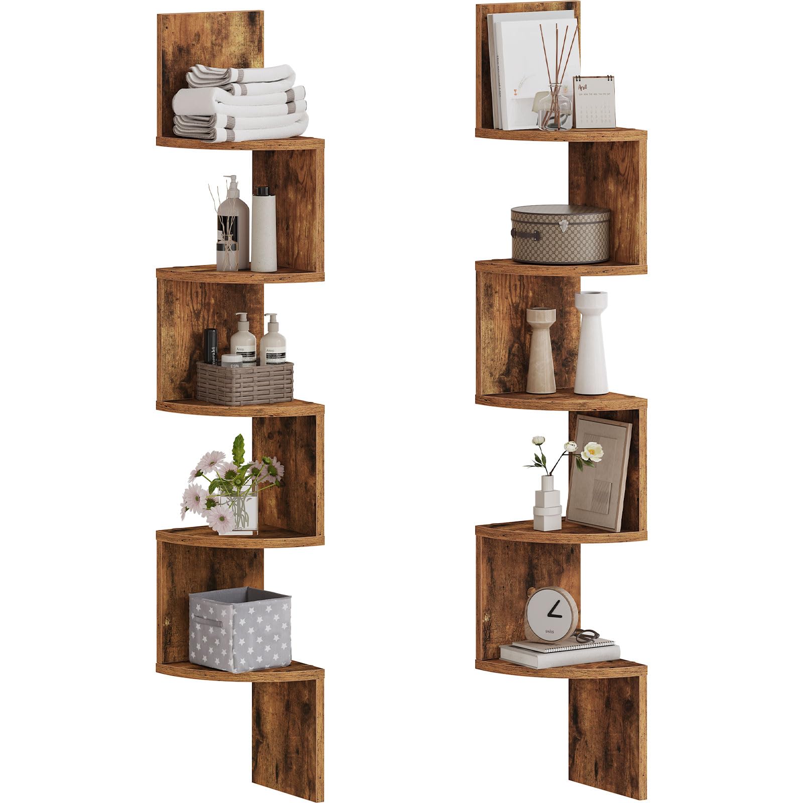 HOOBRO Corner Shelf Wall-Mounted, Set of 2 Floating Corner Shelves for Wall, 4-Tier Corner Bookshelves for Living Room, Bedroom, Bathroom, Home Office, Rustic Brown BF25BJP201