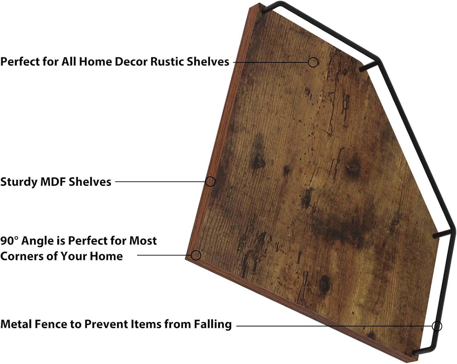 HORLIMER Floating Corner Shelf Wall Mount, 3 Pack Rustic Wood Corner Wall Shelves with Fence for Bedroom, Bathroom, Kitchen, Living Room, Brown