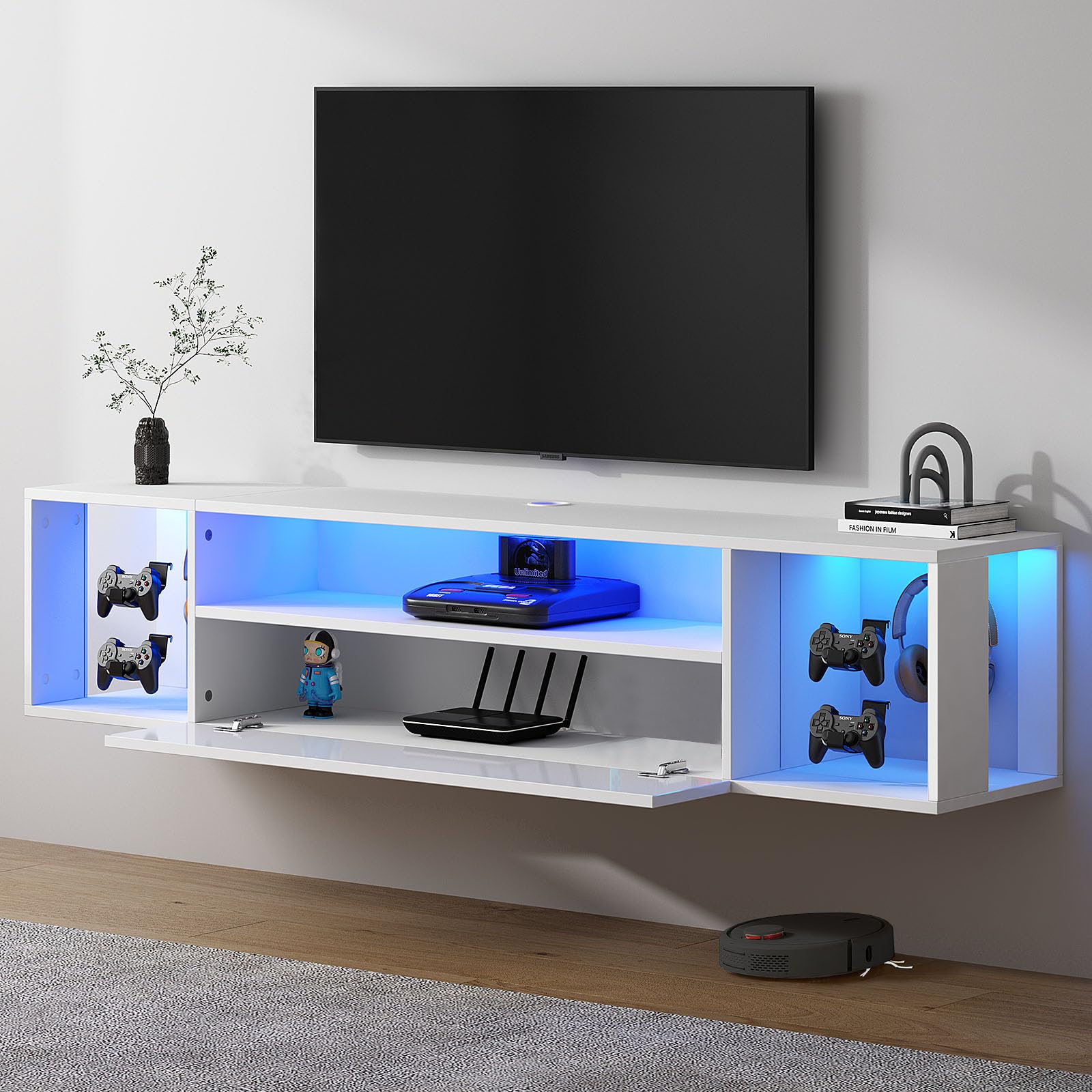 SogesPower Floating TV Stand Wall Mounted with Lights,LED TV Stand Floating Entertainment Center with Storage for Bedroom Living Room,Modern Floating Shelf for Under TV,Black 40inch