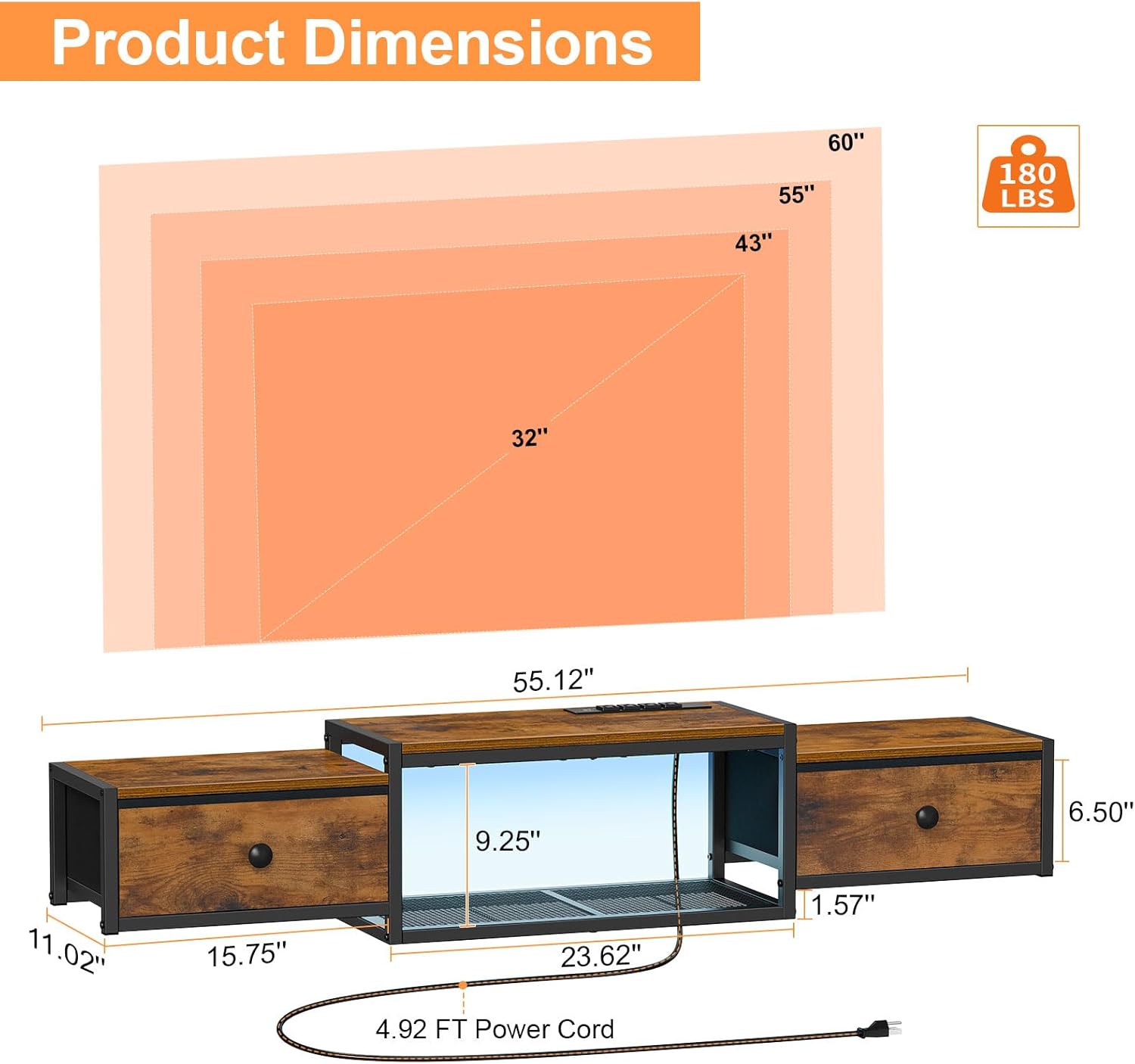 Snughome Floating TV Stand with Power Outlet 55", Wall Mounted Entertainment Center with LED Lights, Floating TV Shelf with Drawer, Wall Mounted Media Console Shelf for Living Room, Bedroom