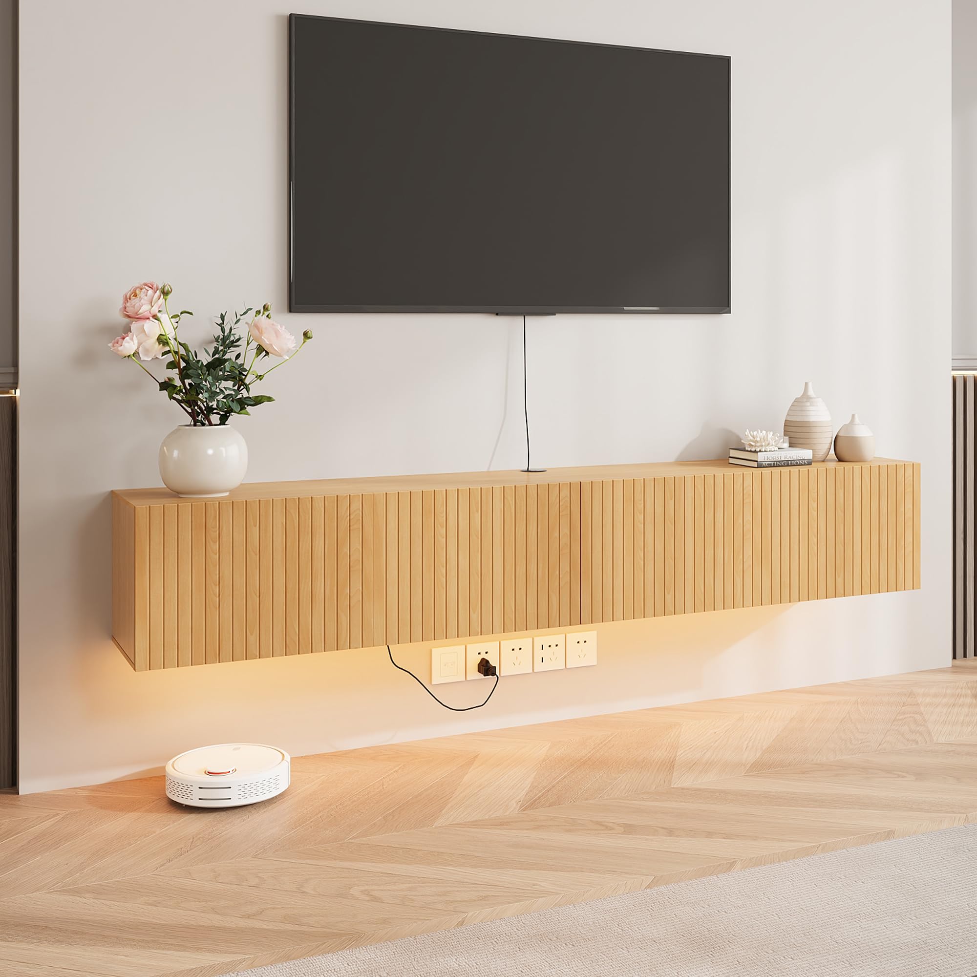 DHMAKER Floating TV Stand Wall Mounted, 71" Floating TV Shelf Cabinet with LED Lights & Power Outlet, Black Midia Console Entertainment Center with Fluted Storage for Under TV Living Room Bedroom