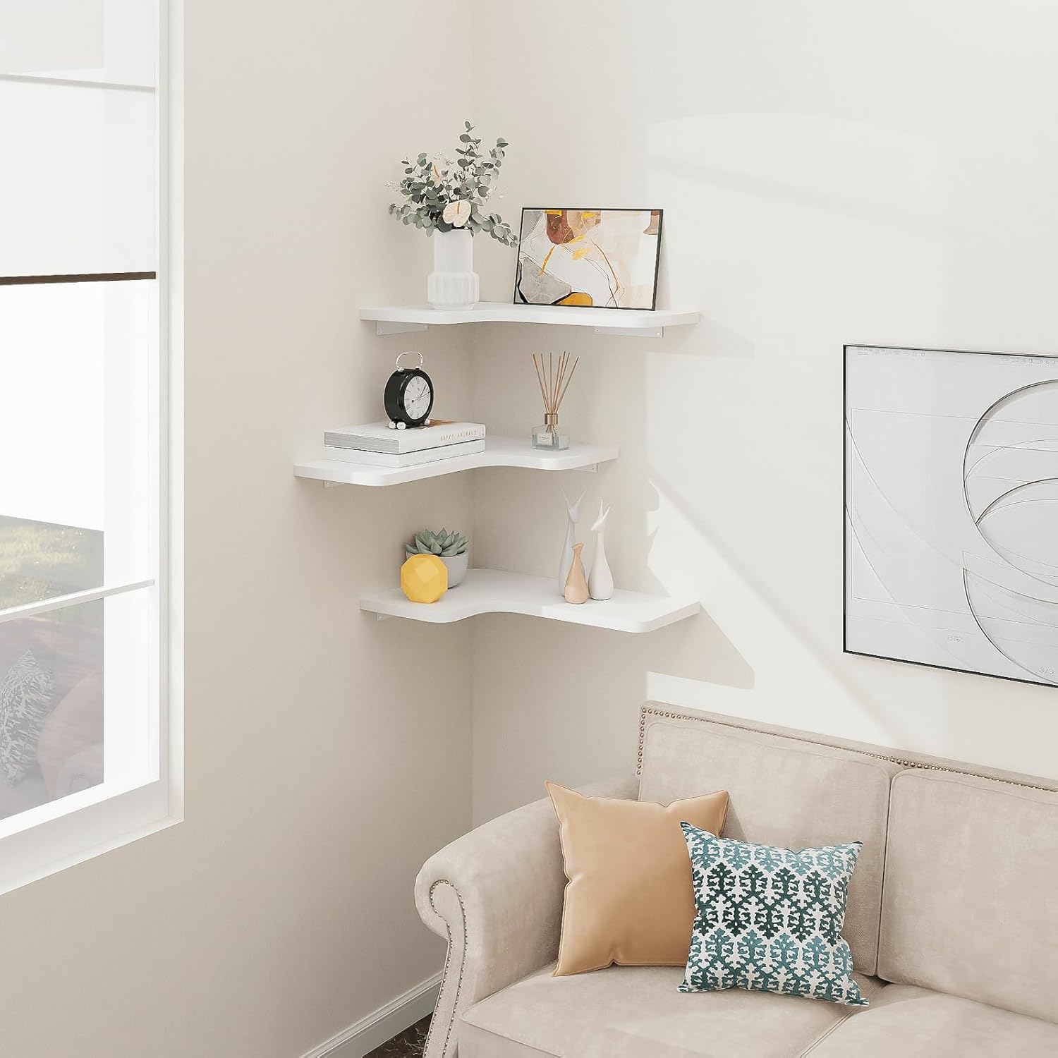 Homode Corner Floating Shelves, Set of 3 Corner Wall Shelves with Wire Hole, L-Shaped Wood Hanging Storage Shelf for Wall Decor, for Bathroom Kitchen Bedroom, White