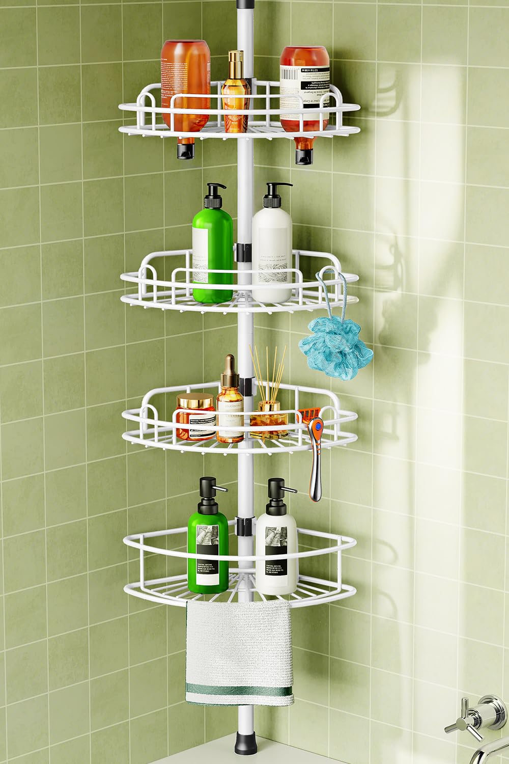 HAMITOR Corner Shower Caddy Tension Pole: 4-Tier Rust-Resistant Adjustable Bathroom Organizer Shelves - 47-121 Inch No-Drill Quick Installation - Space-Saving Storage for Renters Family - Silver Gray