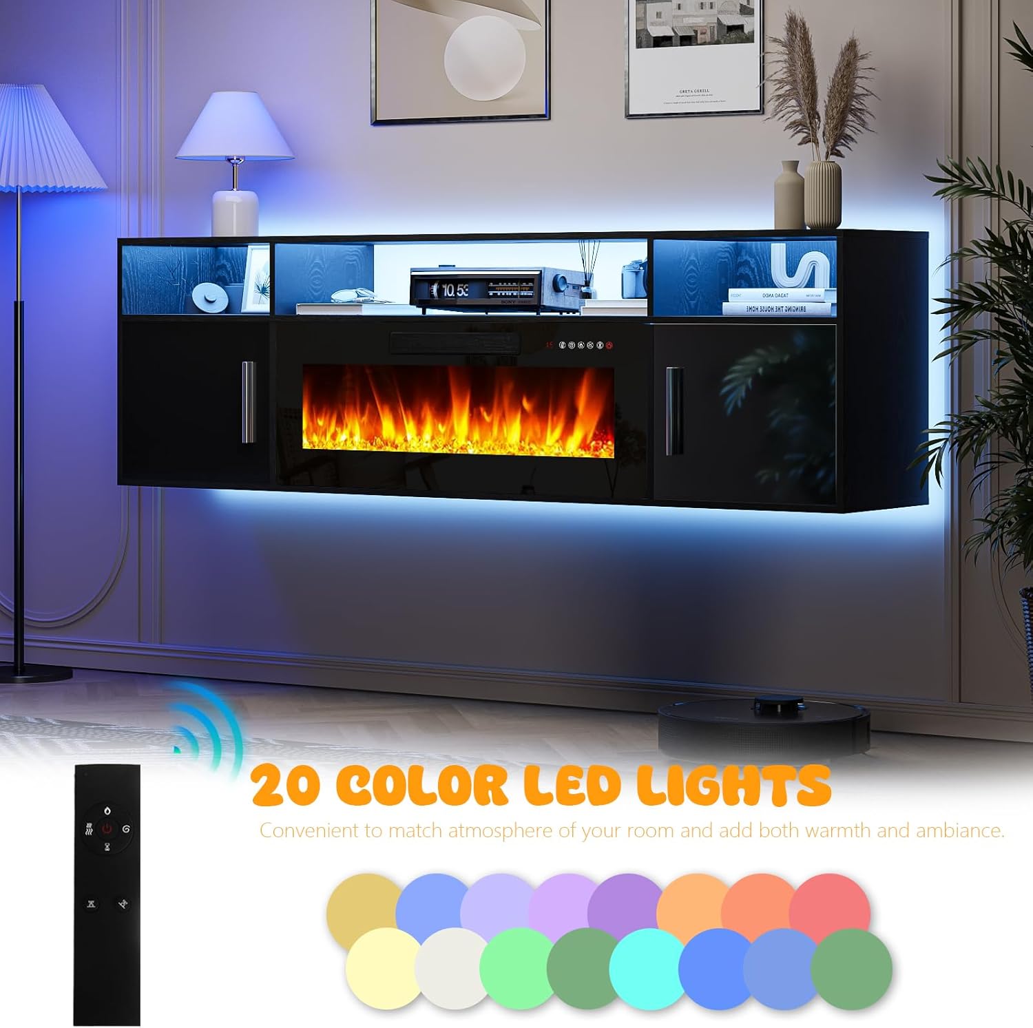 LEMBERI 70" Floating TV Stand with 36" Electric Fireplace, Wall Mounted Fireplace LED Light Entertainment Center with Storage, Fire Place TV Console with Highlight Cabinet for Living Room (Black)