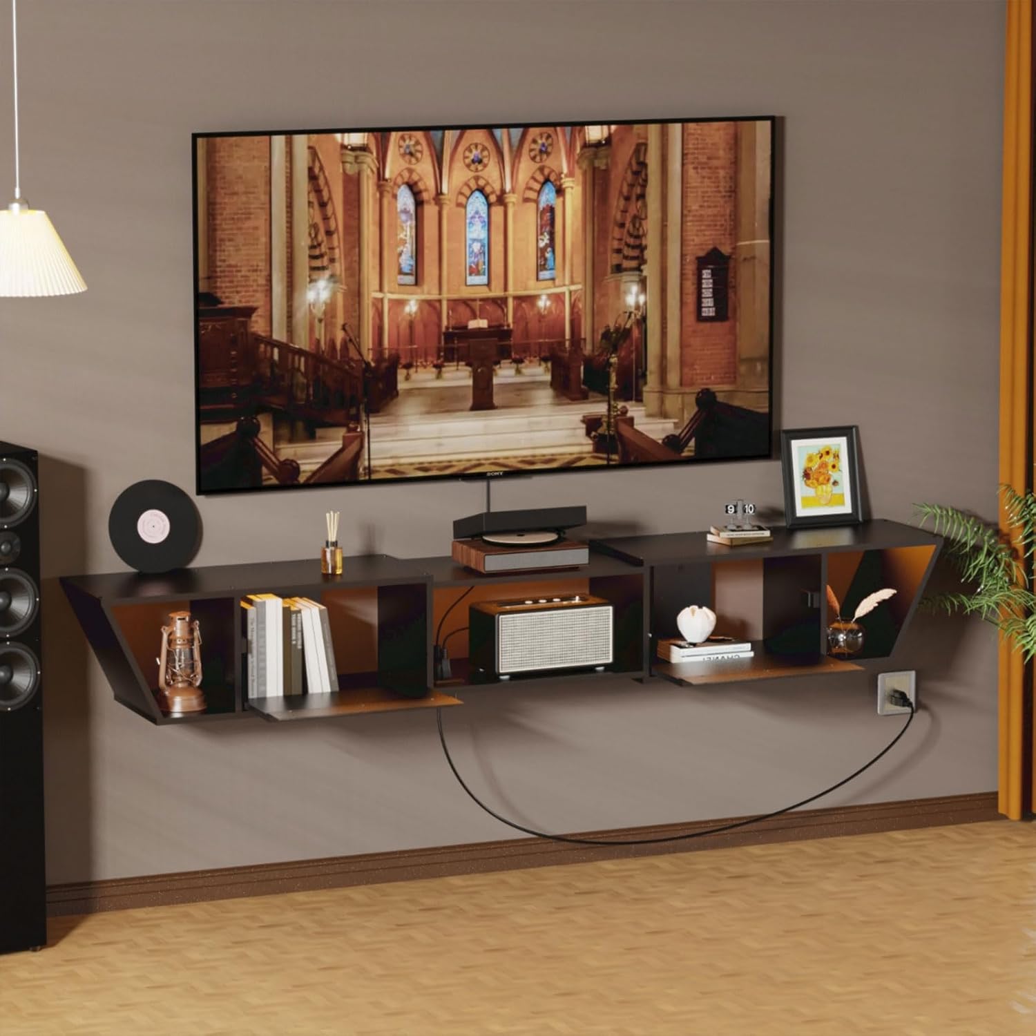 HOOBRO Floating TV Stand with Power Outlet, 63" Floating Entertainment Center with LED Light, Modern Wood Wall Mounted Media Console Shelf, Under TV Shelf, for Living Room, Bedroom, Black BB78UDDS01