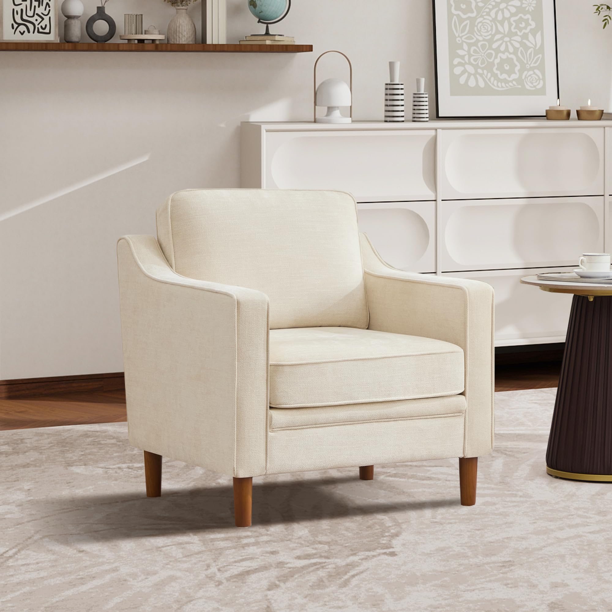 Kingfun Accent Chair Set of 2, Living Room Chairs, Faux Leather Reading Armchair, Mid Century with Solid Wood Foot, Upholstered Modern Decor for Bedroom, Apartment, Brown