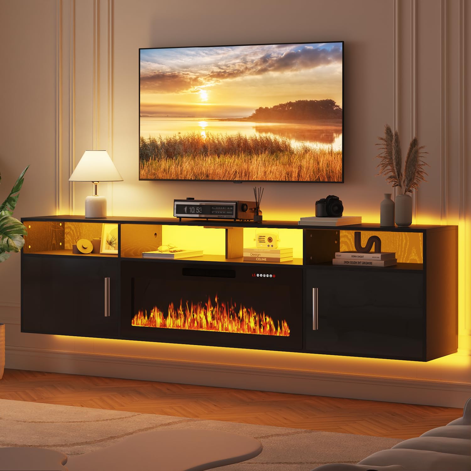 LEMBERI 70" Floating TV Stand with 36" Electric Fireplace, Wall Mounted Fireplace LED Light Entertainment Center with Storage, Fire Place TV Console with Highlight Cabinet for Living Room (Black)