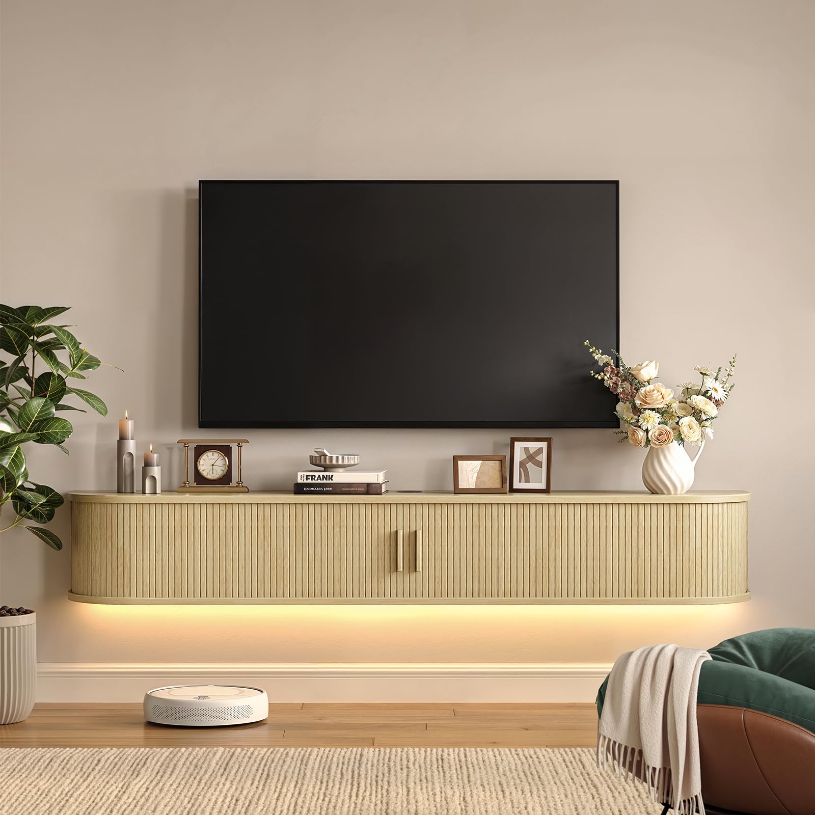 71" Floating TV Stand with Power Outlet for TVs up to 80", Fluted Entertainment Center with Remote Control for LED Lights, Mid-Century Modern TV Console w/Sliding Door for Living Room, Bedroom Walnut