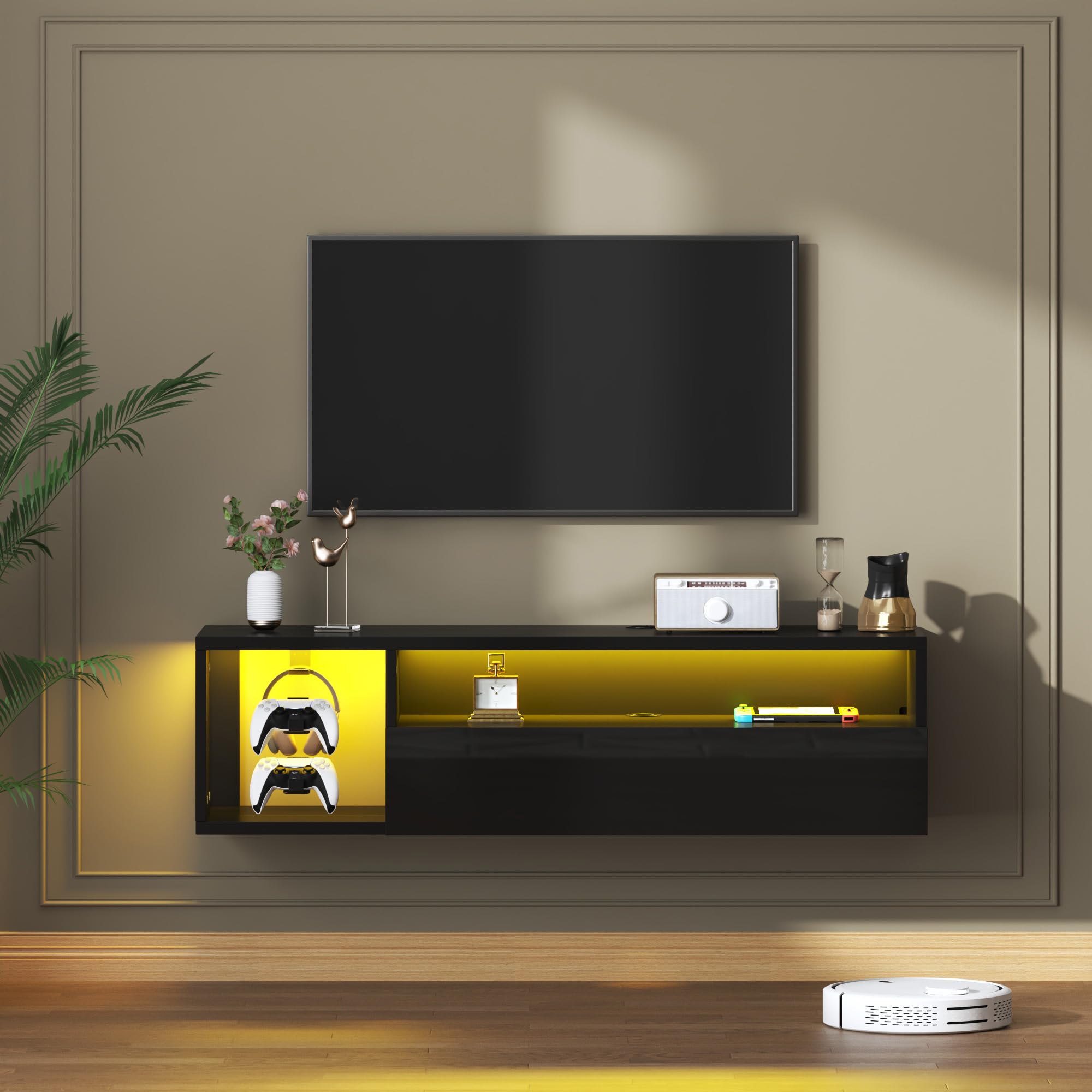 SogesHome 55'' Floating TV Stand with LED Lights, Wall Mounted Entertainment Center with 3 Storage Shelves, Modern Media Console Cabinet for Living Room and Bedroom, Black