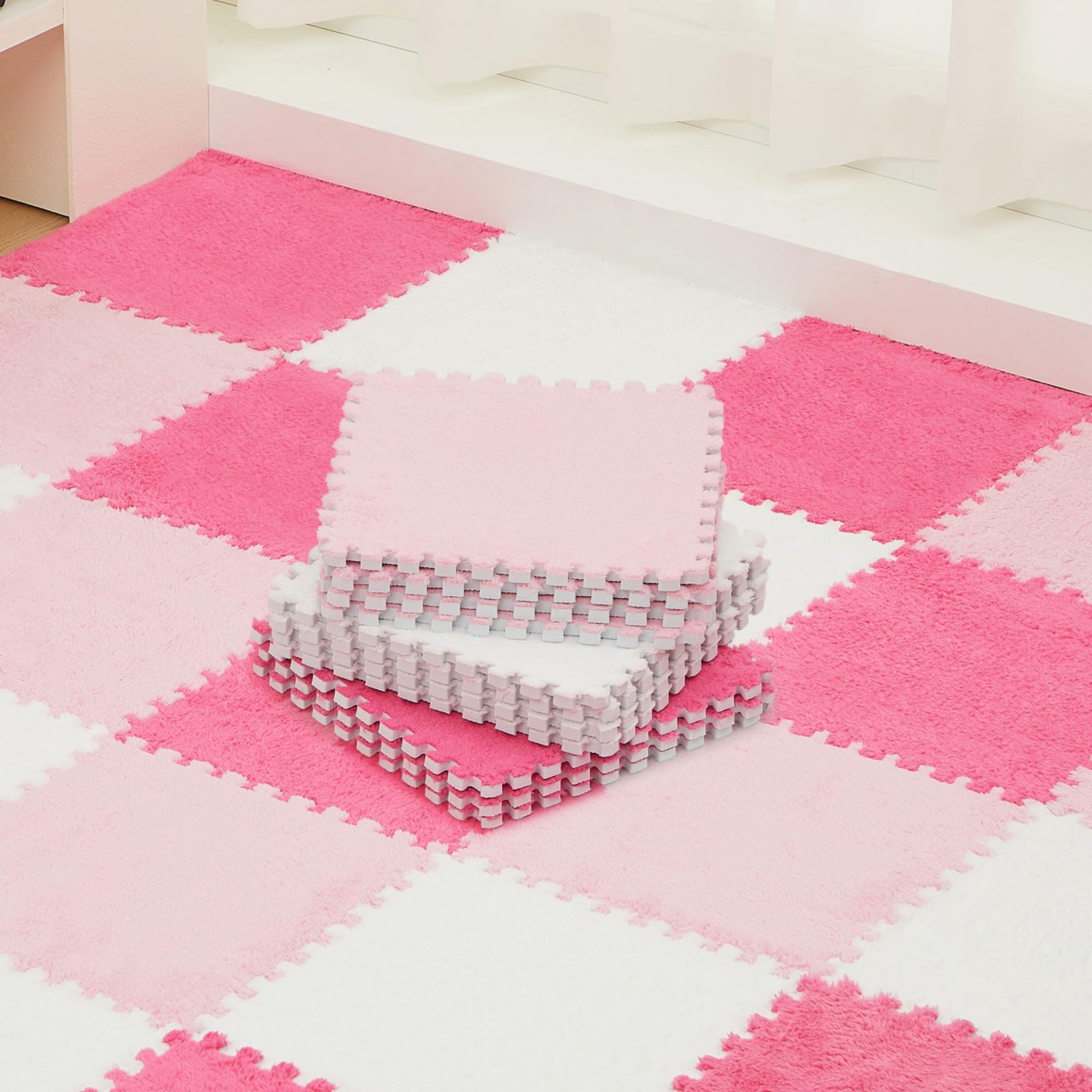 Amylove 72 Pieces Plush Foam Floor Mat Square Interlocking Carpet Tiles with Border 12 x 12 x 0.4 in Fluffy Play Mat Floor Tiles Soft Climbing Area Rugs for Home Playroom(White, Pink, Purple)